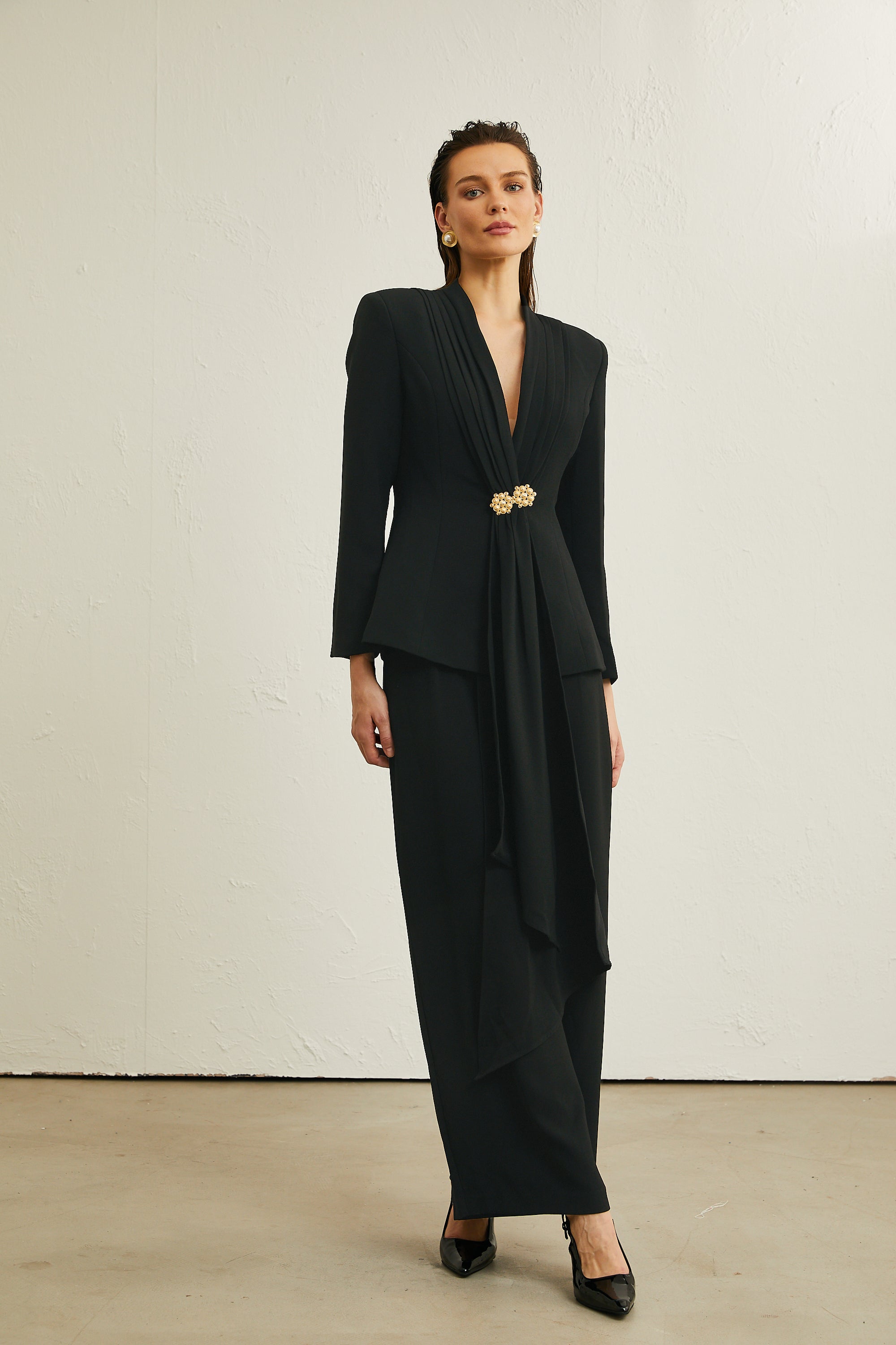 Suzanne black pleated jacket & trousers matching set (Final Sale-US Only)
