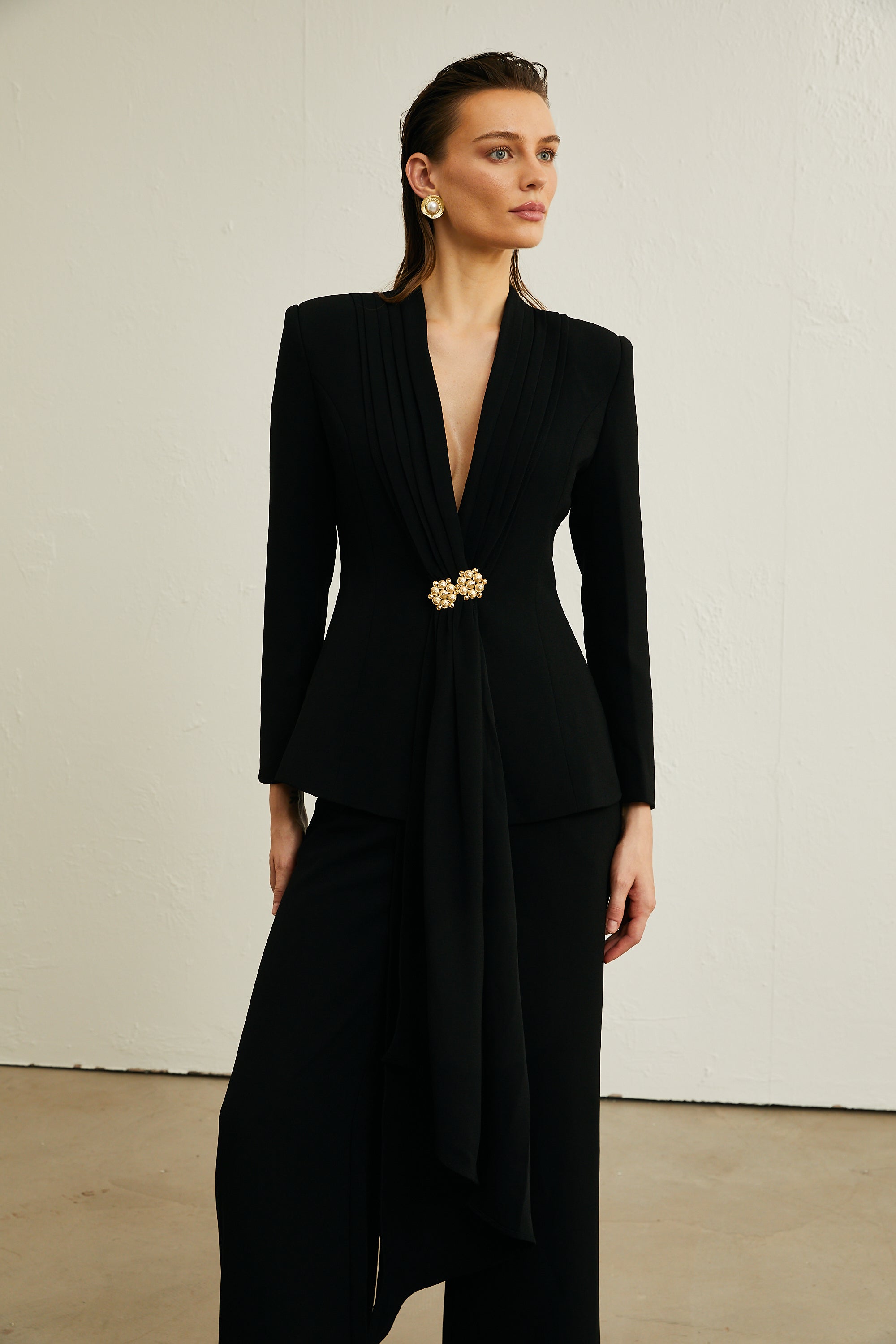 Suzanne black pleated jacket & trousers matching set (Final Sale-US Only)