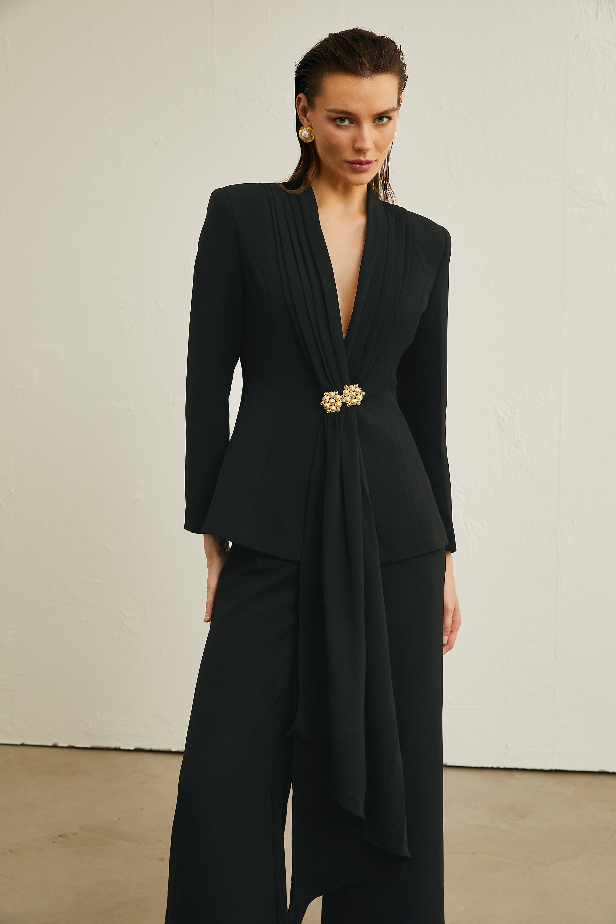 Suzanne black pleated jacket & trousers matching set (Final Sale-US Only)