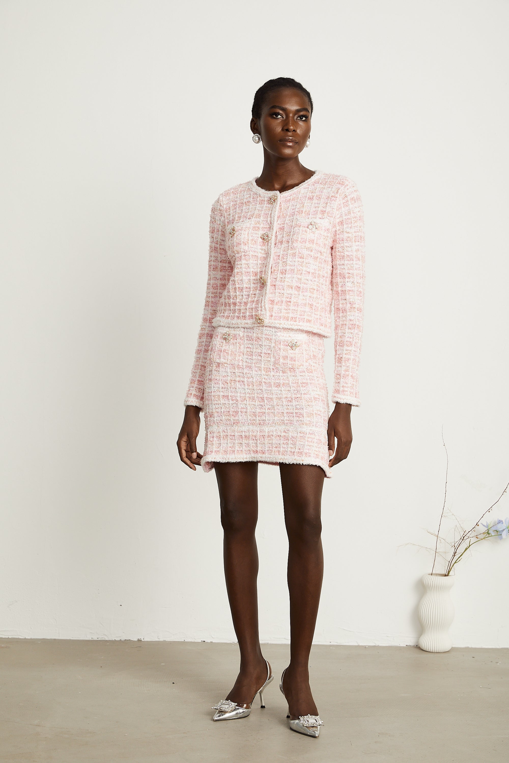 Capucine pink check-pattern cardigan & skirt matching set (Final Sale-US Only)