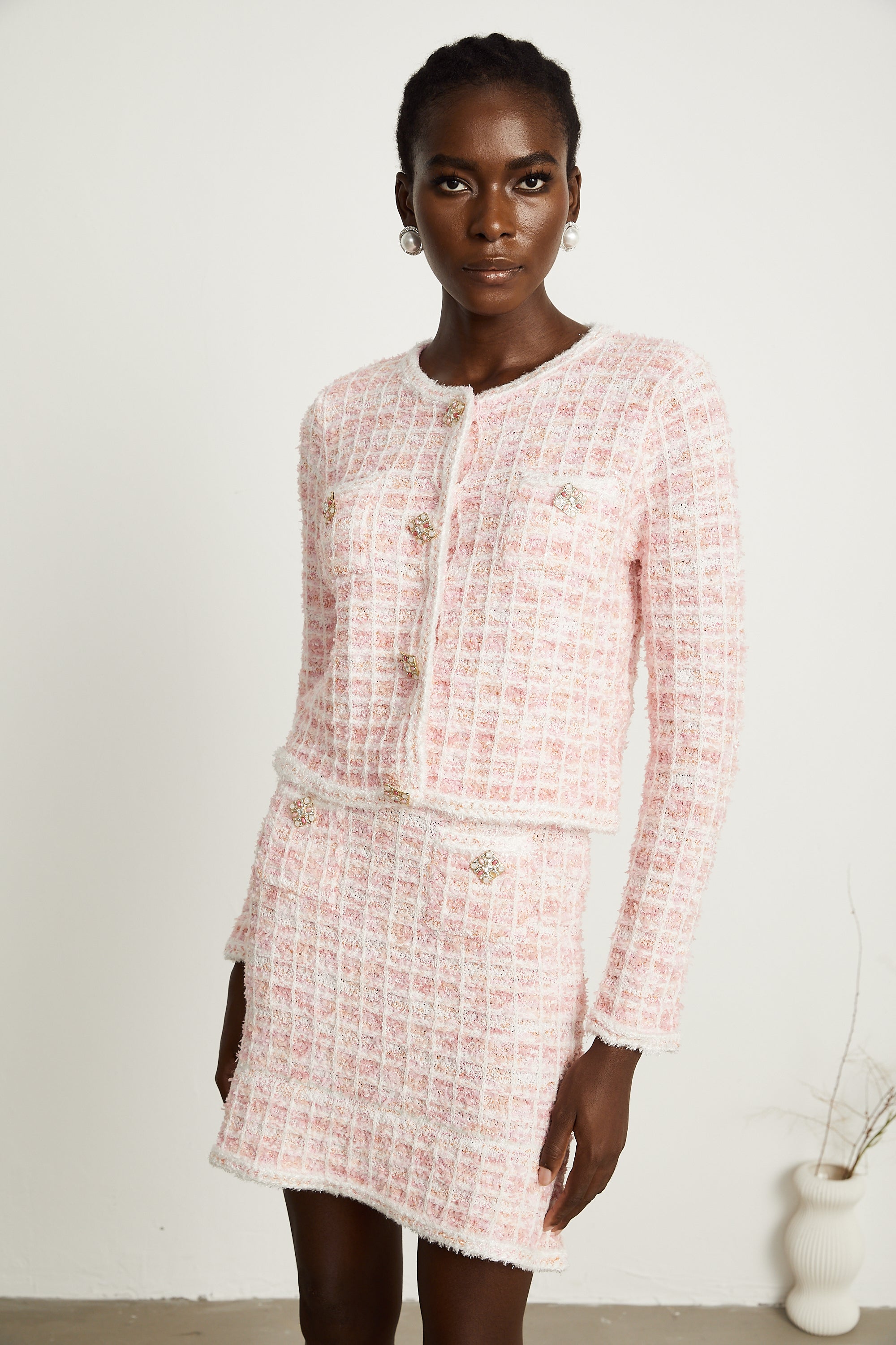 Capucine pink check-pattern cardigan & skirt matching set (Final Sale-US Only)