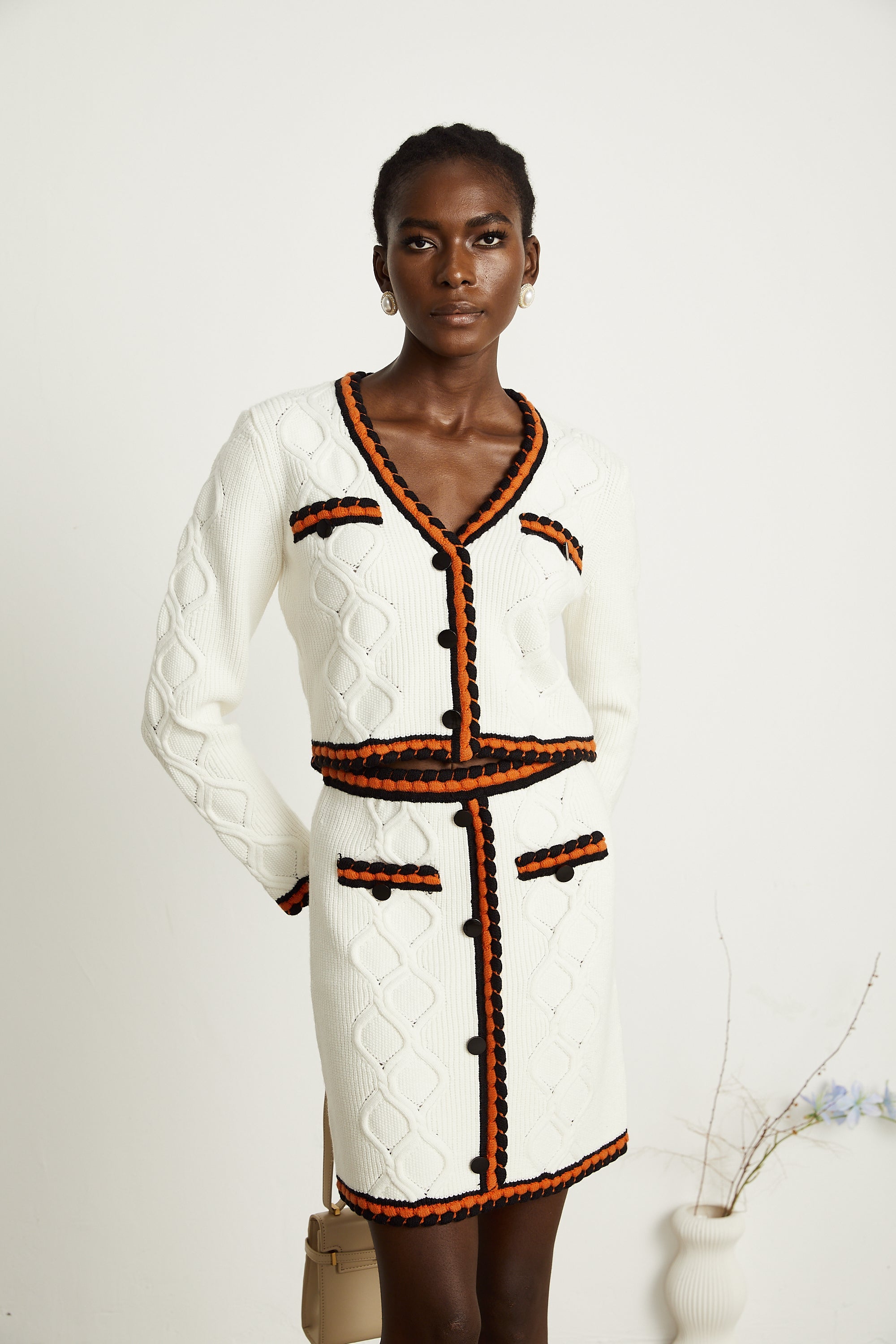 Cécilie contrast-trim knitted cardigan & skirt matching set (Final Sale-US Only)