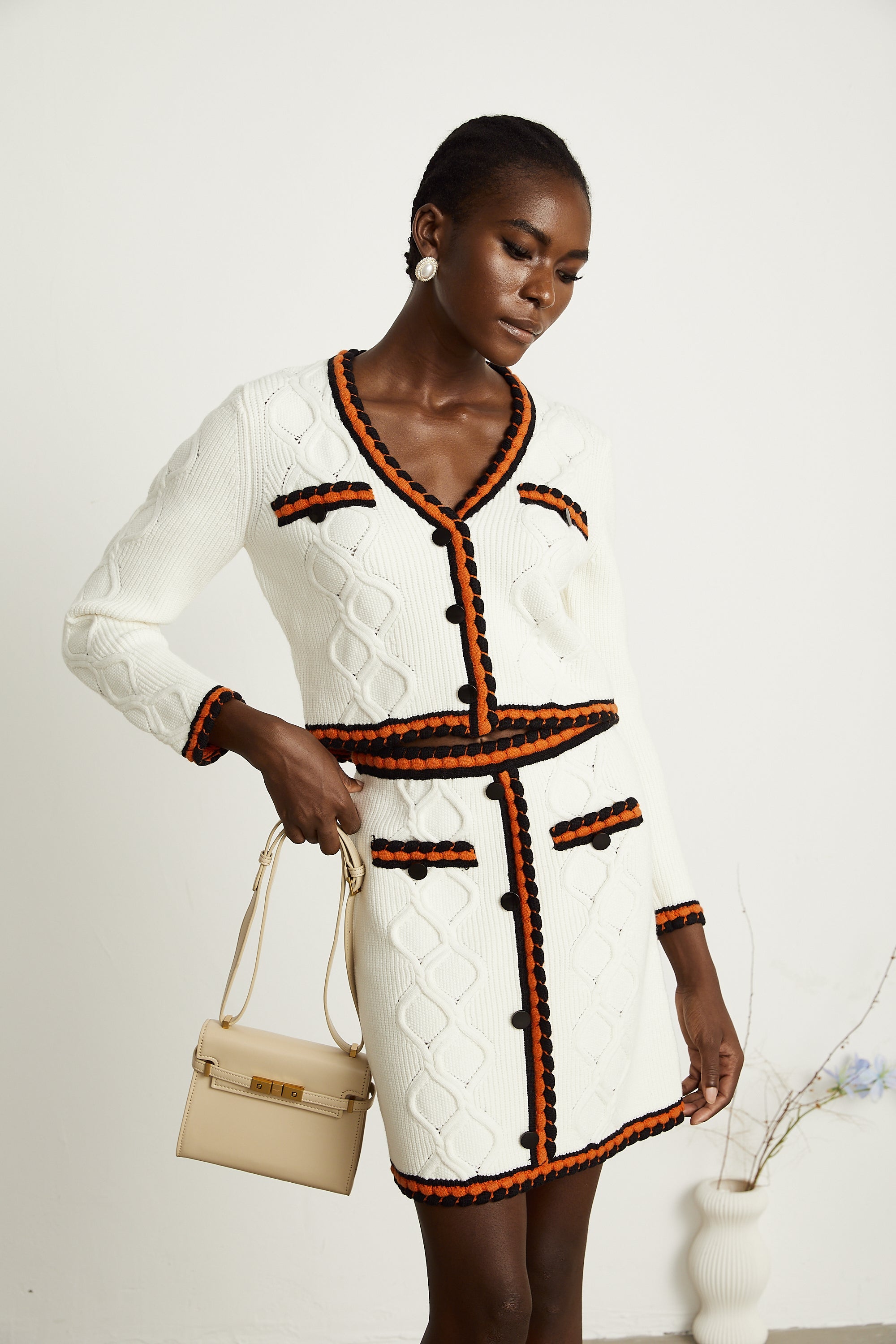 Cécilie contrast-trim knitted cardigan & skirt matching set (Final Sale-US Only)