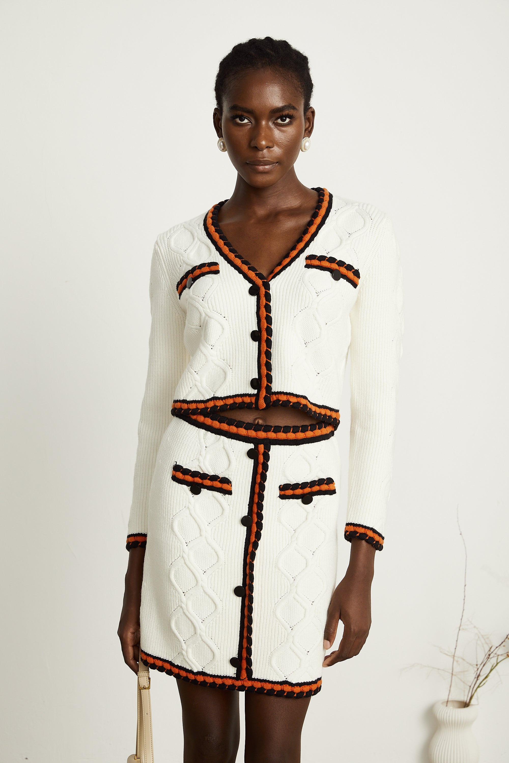 Cécilie contrast-trim knitted cardigan & skirt matching set (Final Sale-US Only)