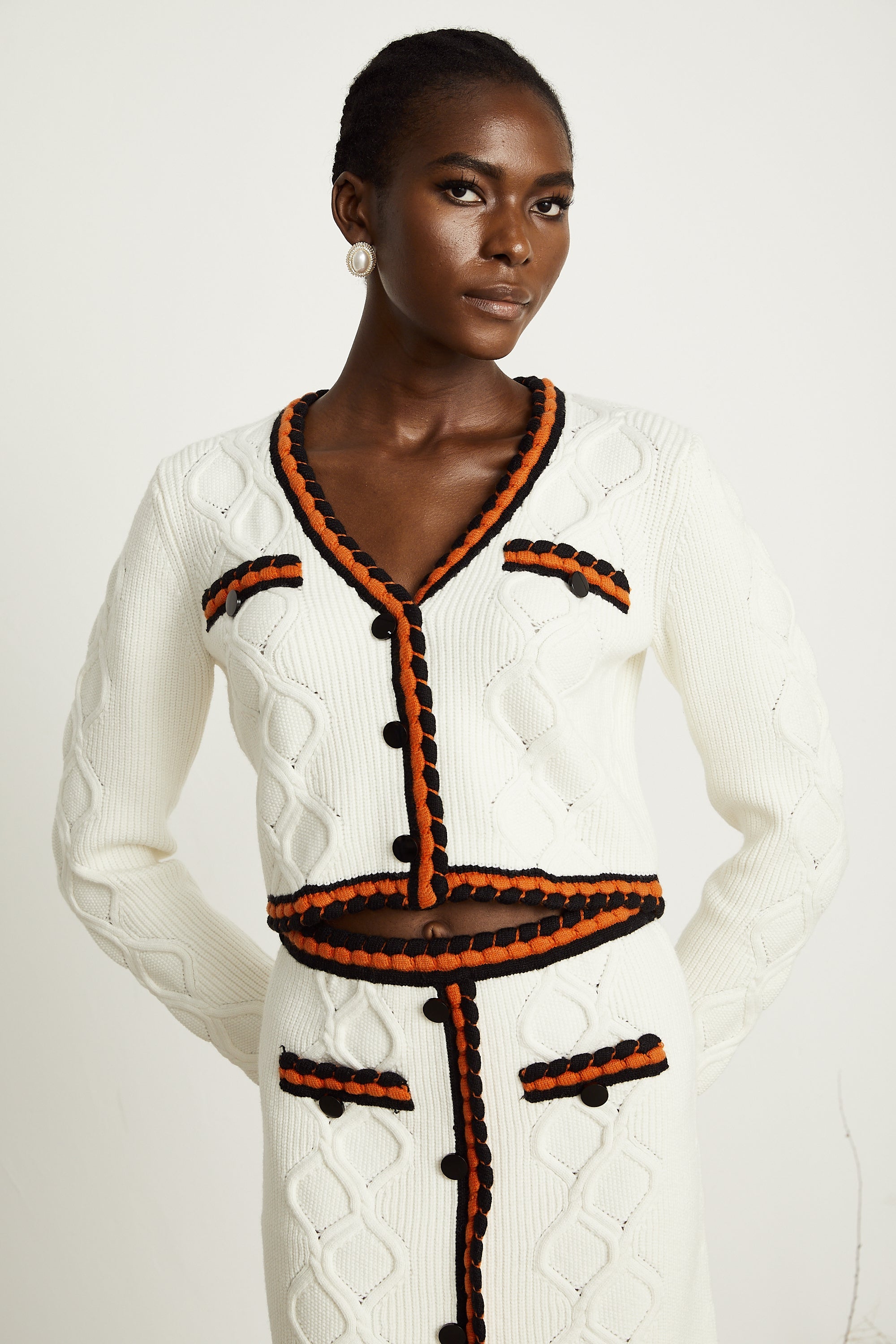 Cécilie contrast-trim knitted cardigan & skirt matching set (Final Sale-US Only)