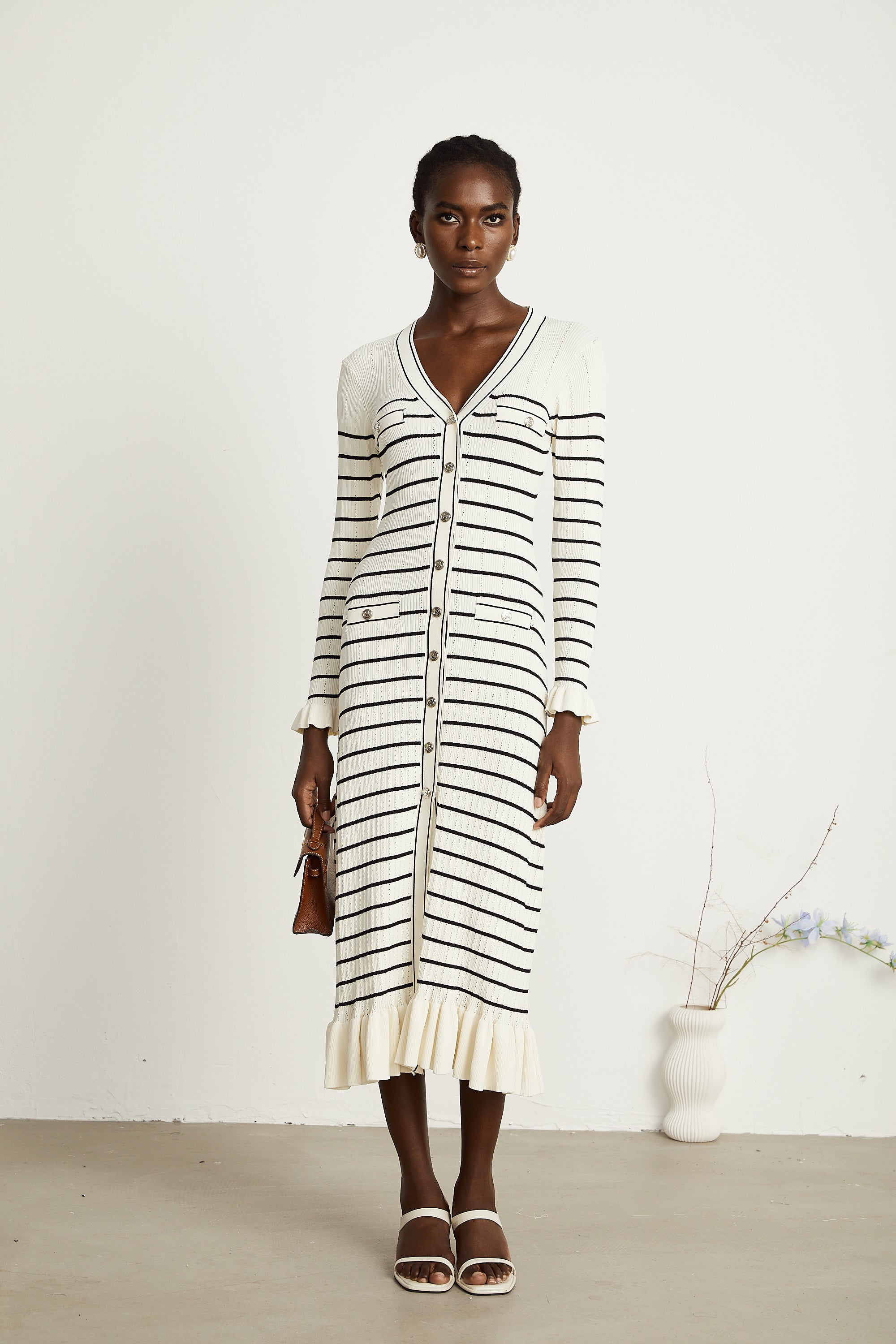 Liana white striped fluted-hem midi dress (Final Sale-US Only)