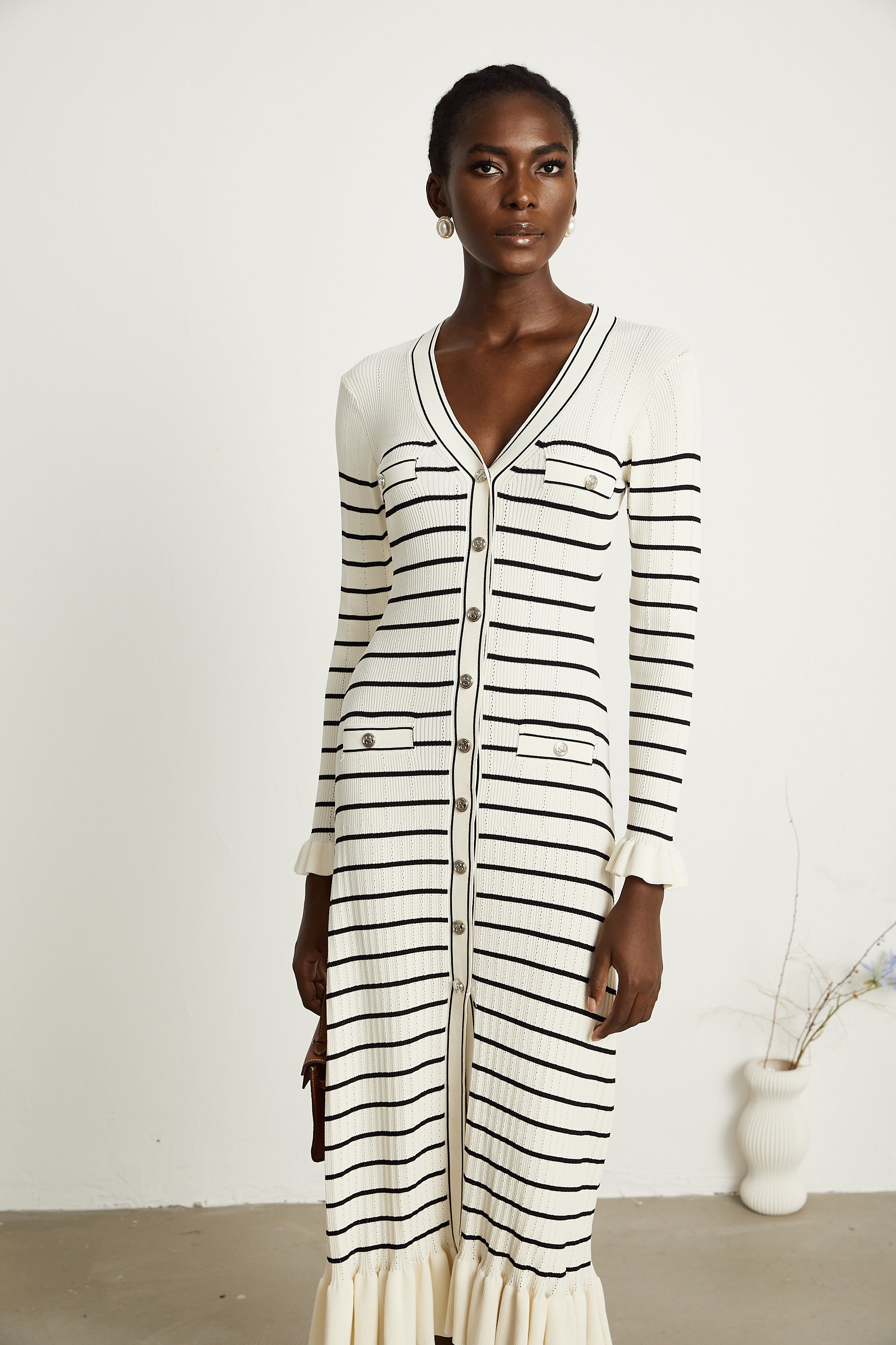 Liana white striped fluted-hem midi dress (Final Sale-US Only)