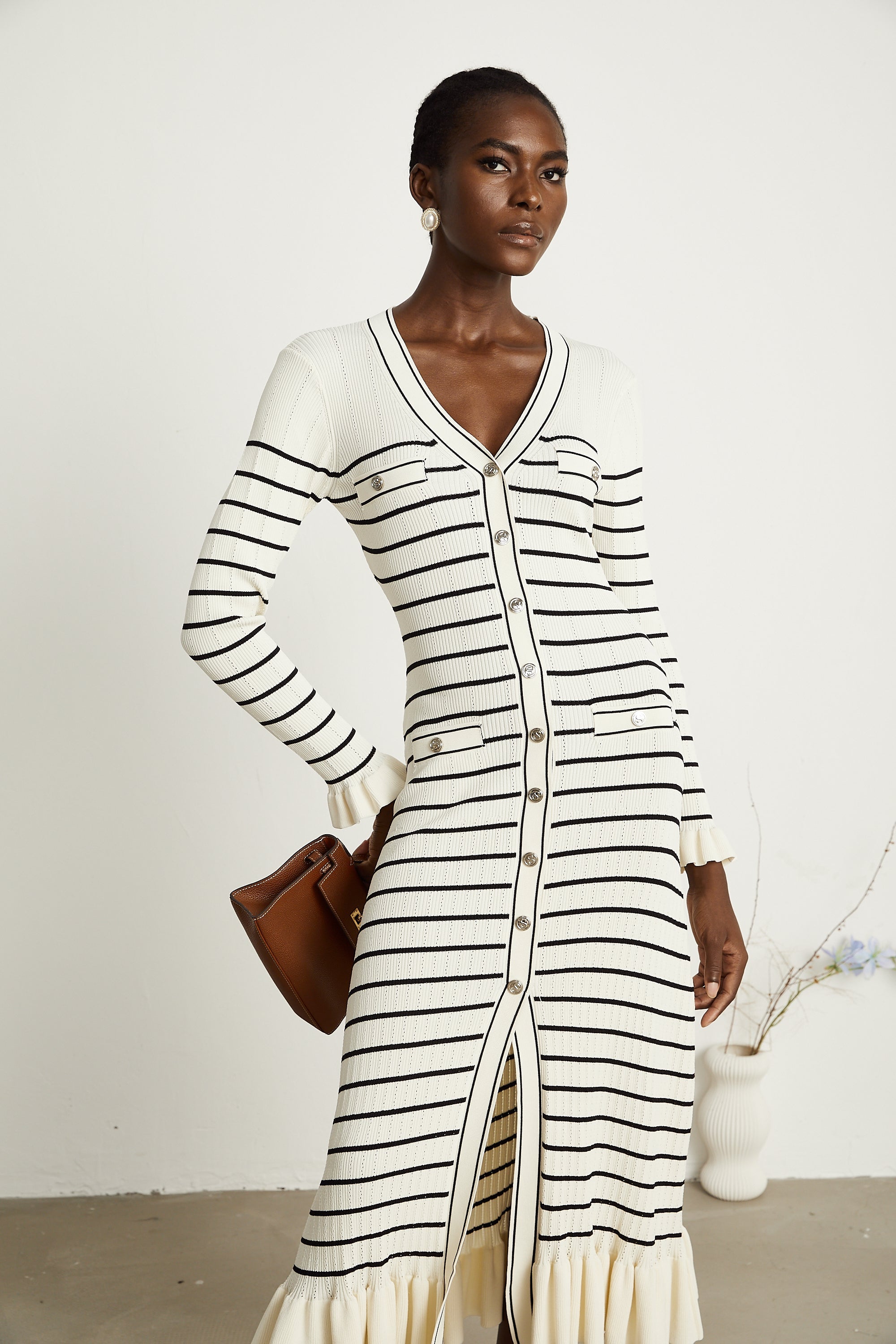 Liana white striped fluted-hem midi dress (Final Sale-US Only)