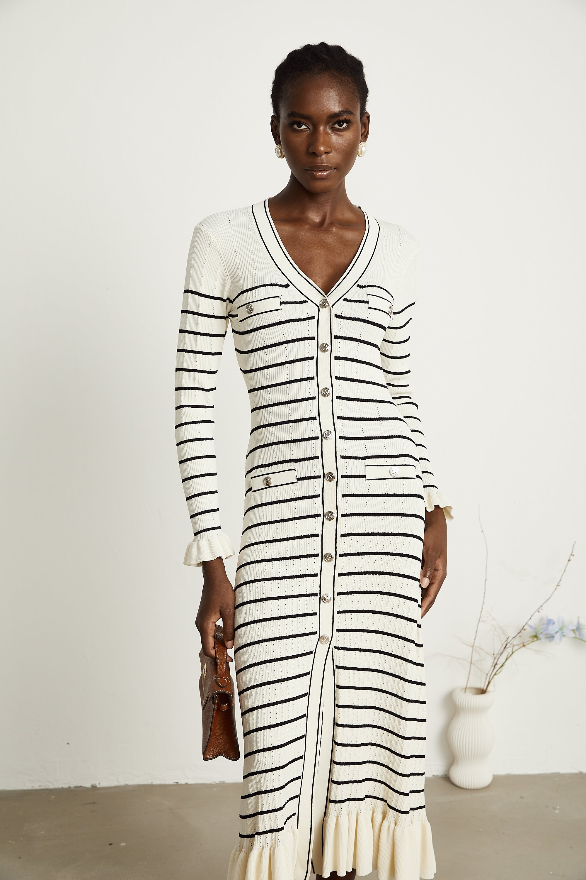 Liana white striped fluted-hem midi dress (Final Sale-US Only)