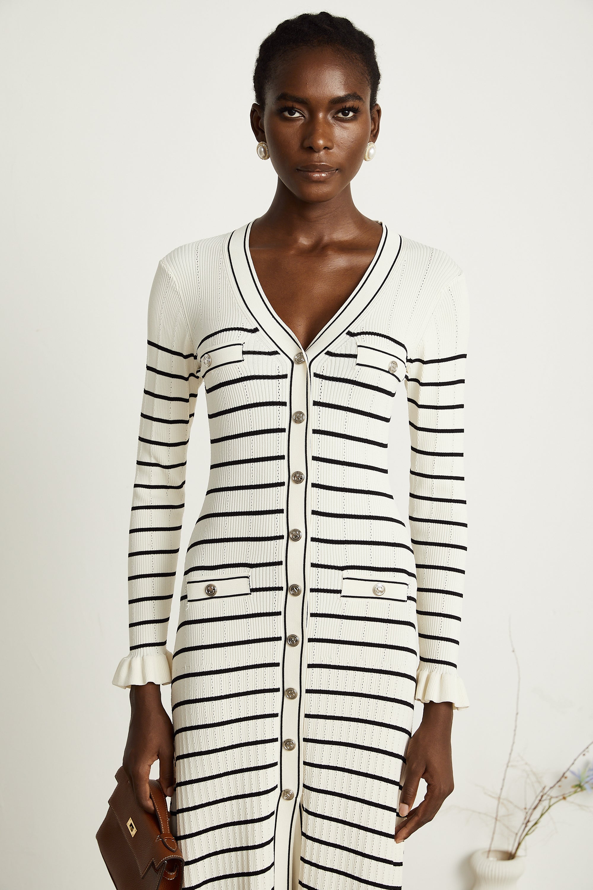 Liana white striped fluted-hem midi dress (Final Sale-US Only)