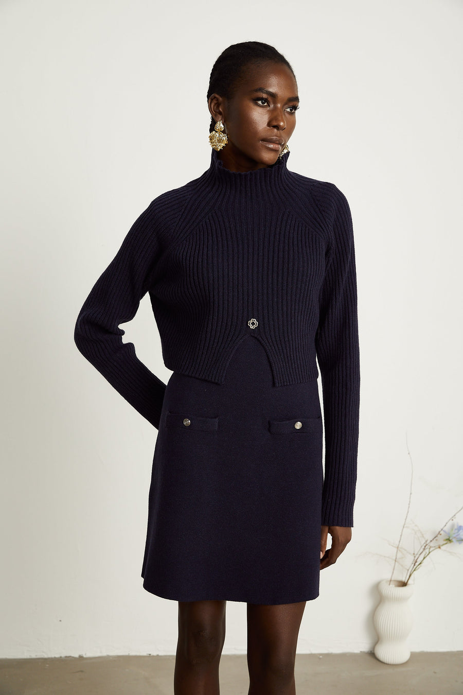 Clarisse dark-blue knitted top & dress matching set