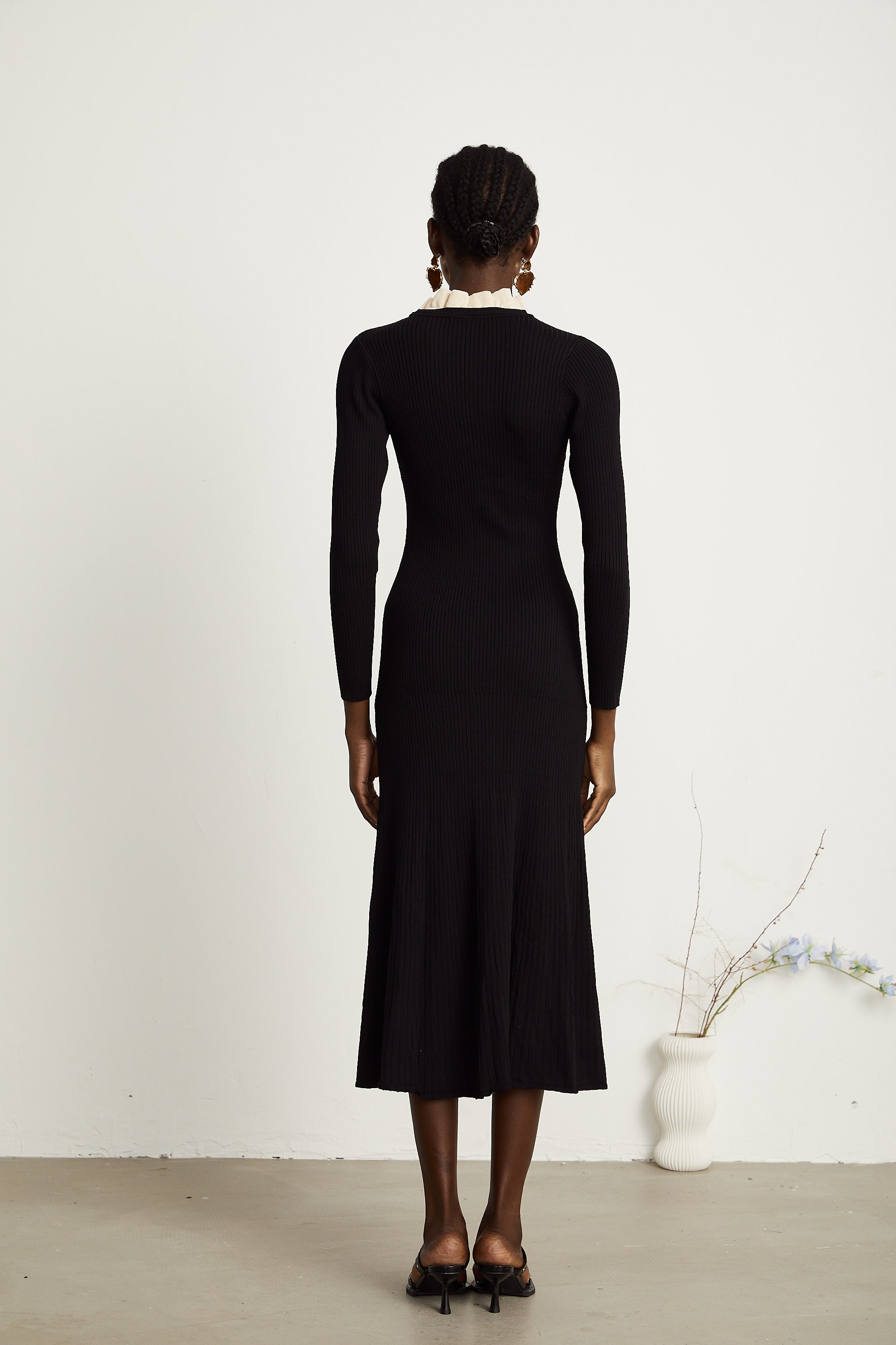 Nadège black ruffled-neck knitted midi dress - Black