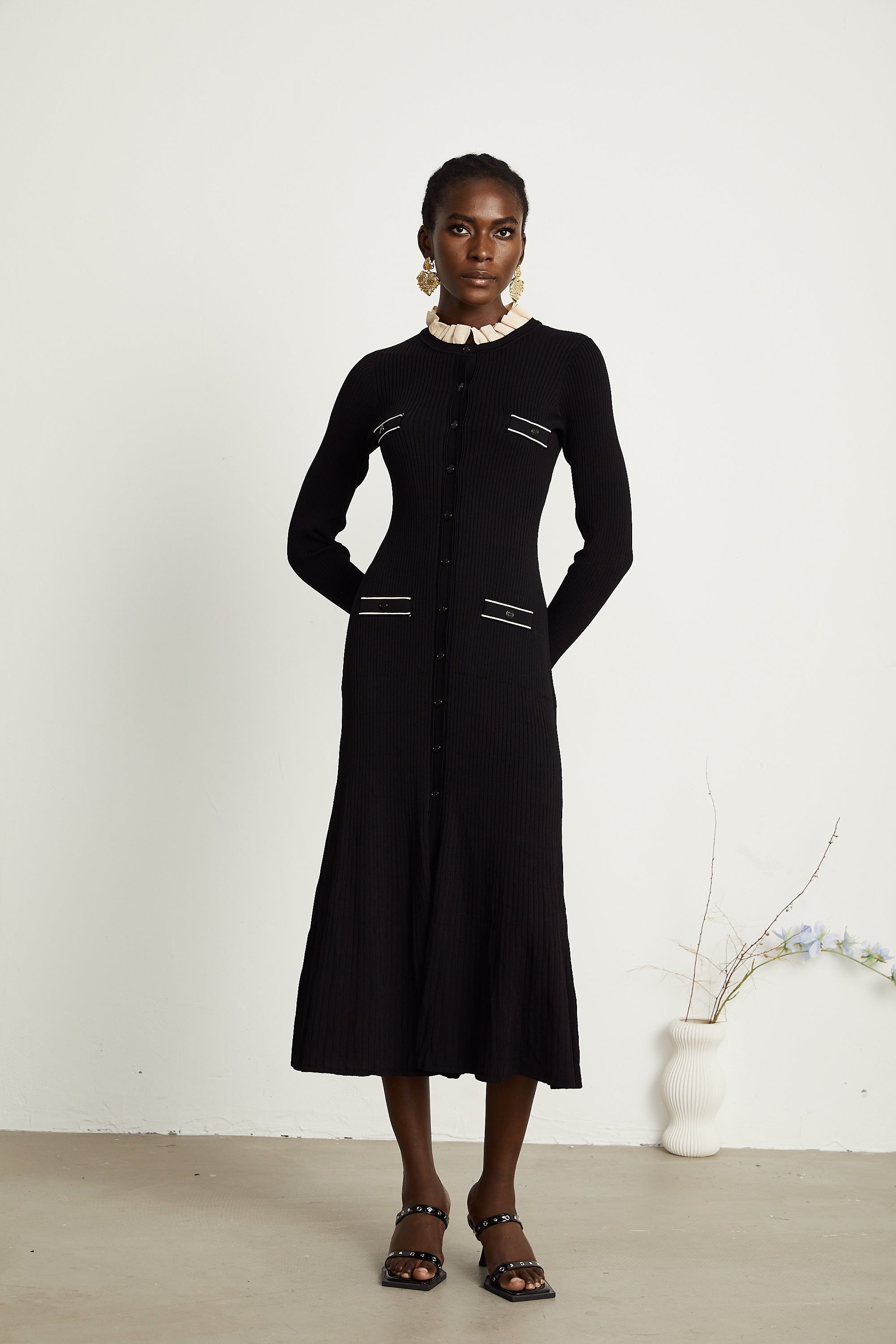 Nadège black ruffled-neck knitted midi dress - Black