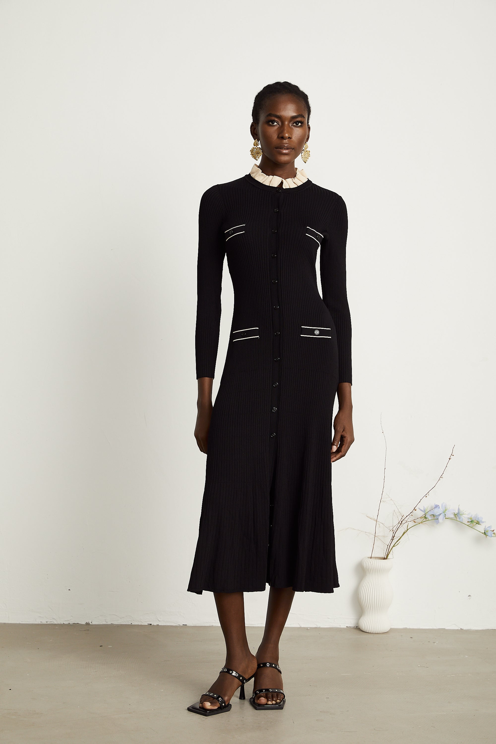 Nadège black ruffled-neck knitted midi dress - Black