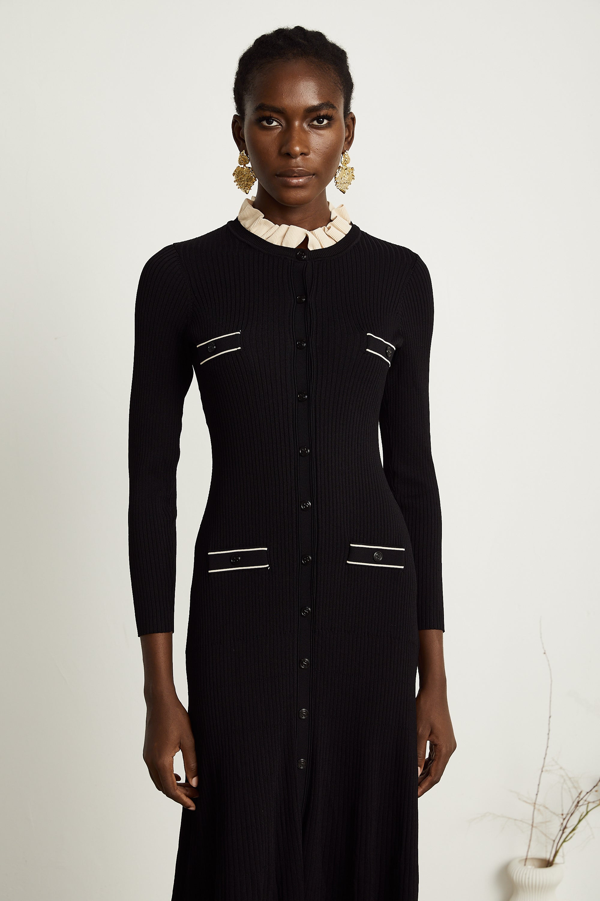 Nadège black ruffled-neck knitted midi dress - Black