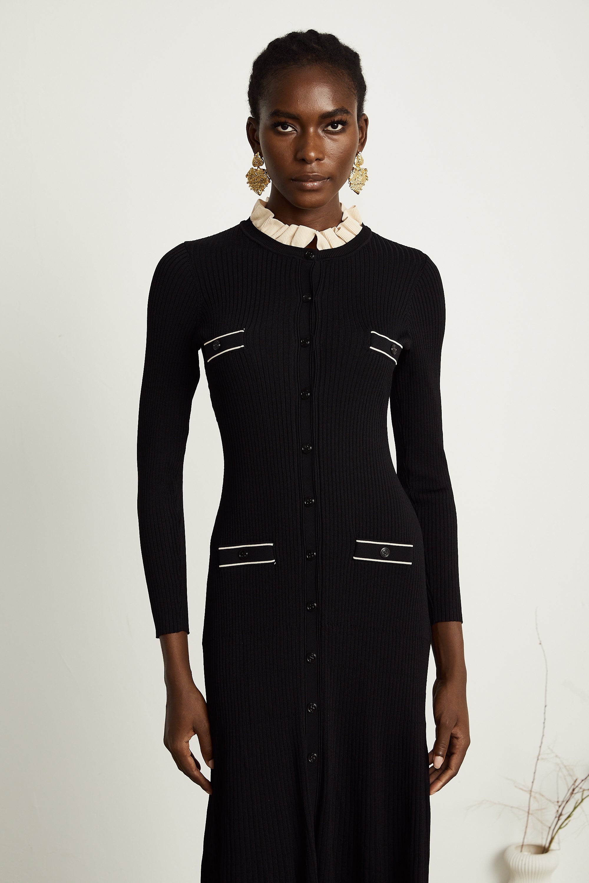 Nadège black ruffled-neck knitted midi dress - Black