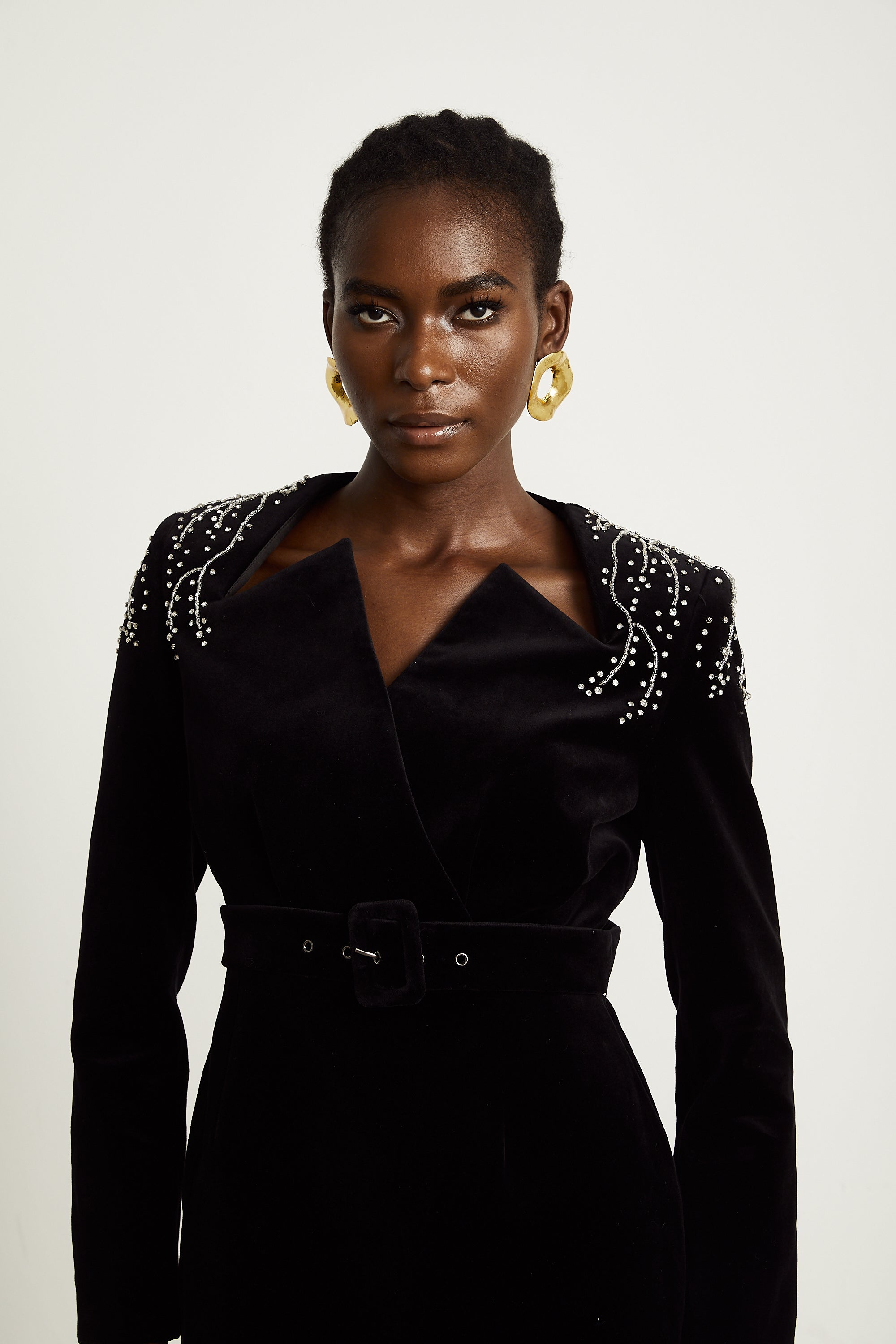Émilie black crystal-embellished velvet mini dress