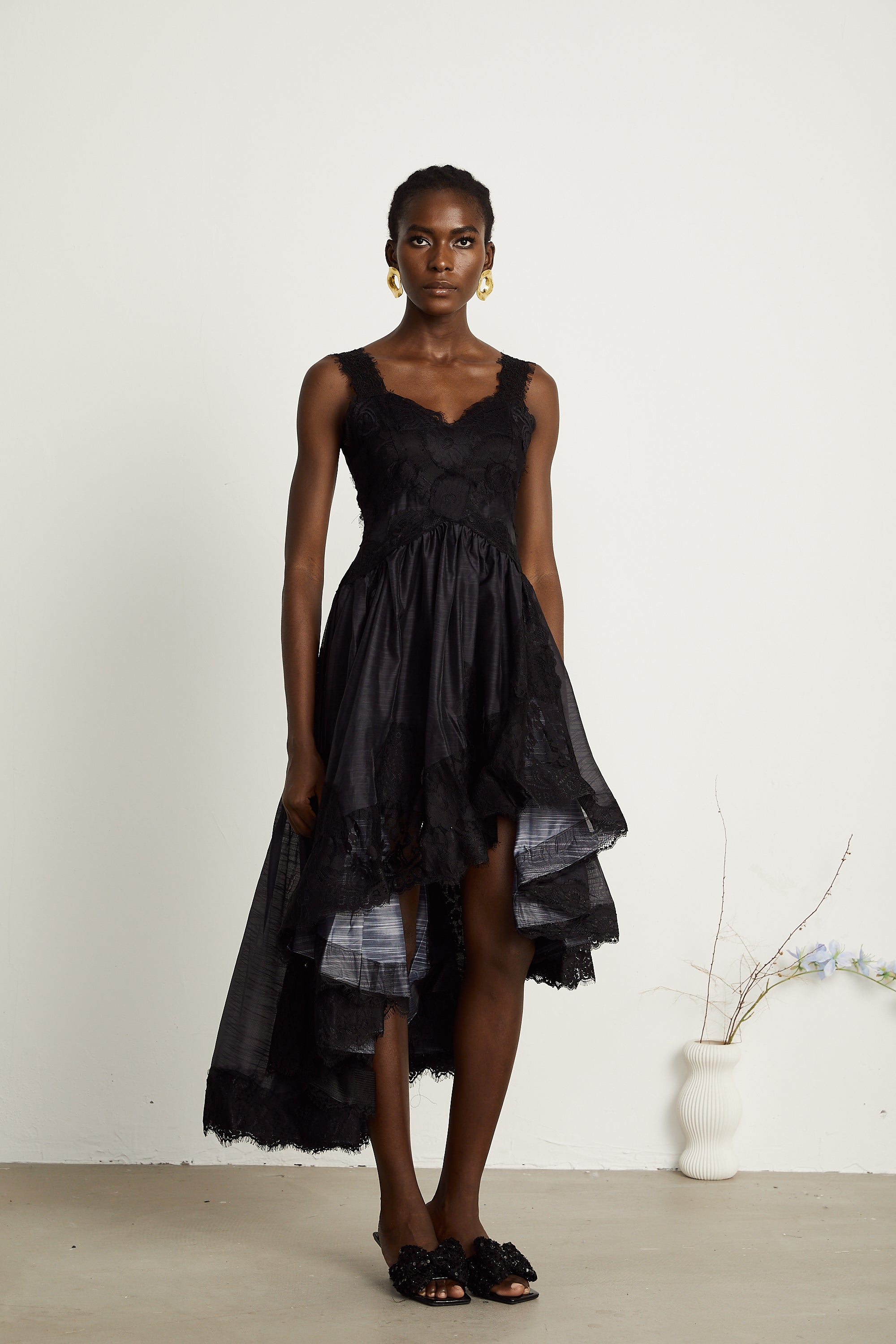 Renata black pleated asymmetrical midi dress (US Only)
