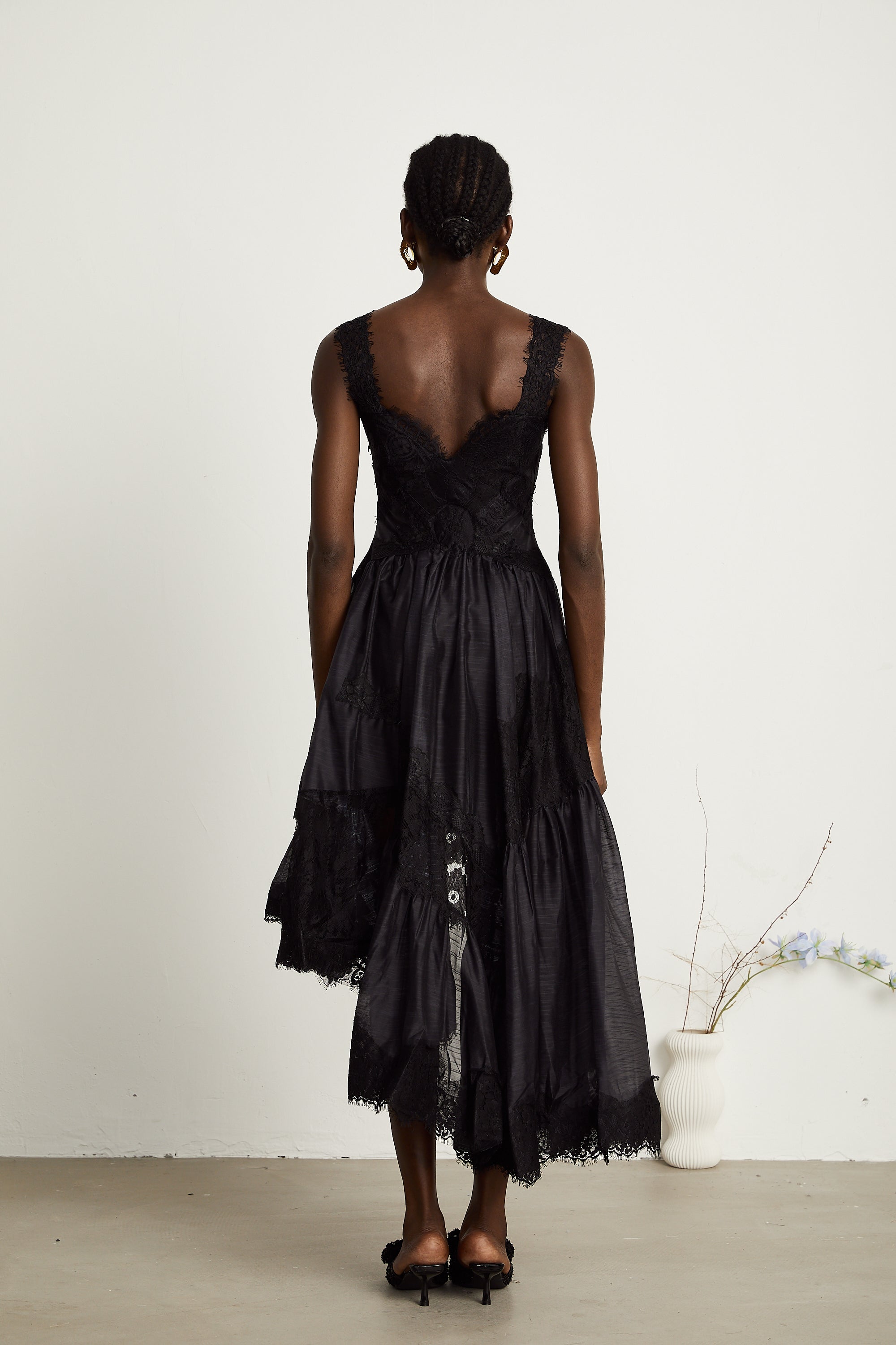 Renata black pleated asymmetrical midi dress (US Only)