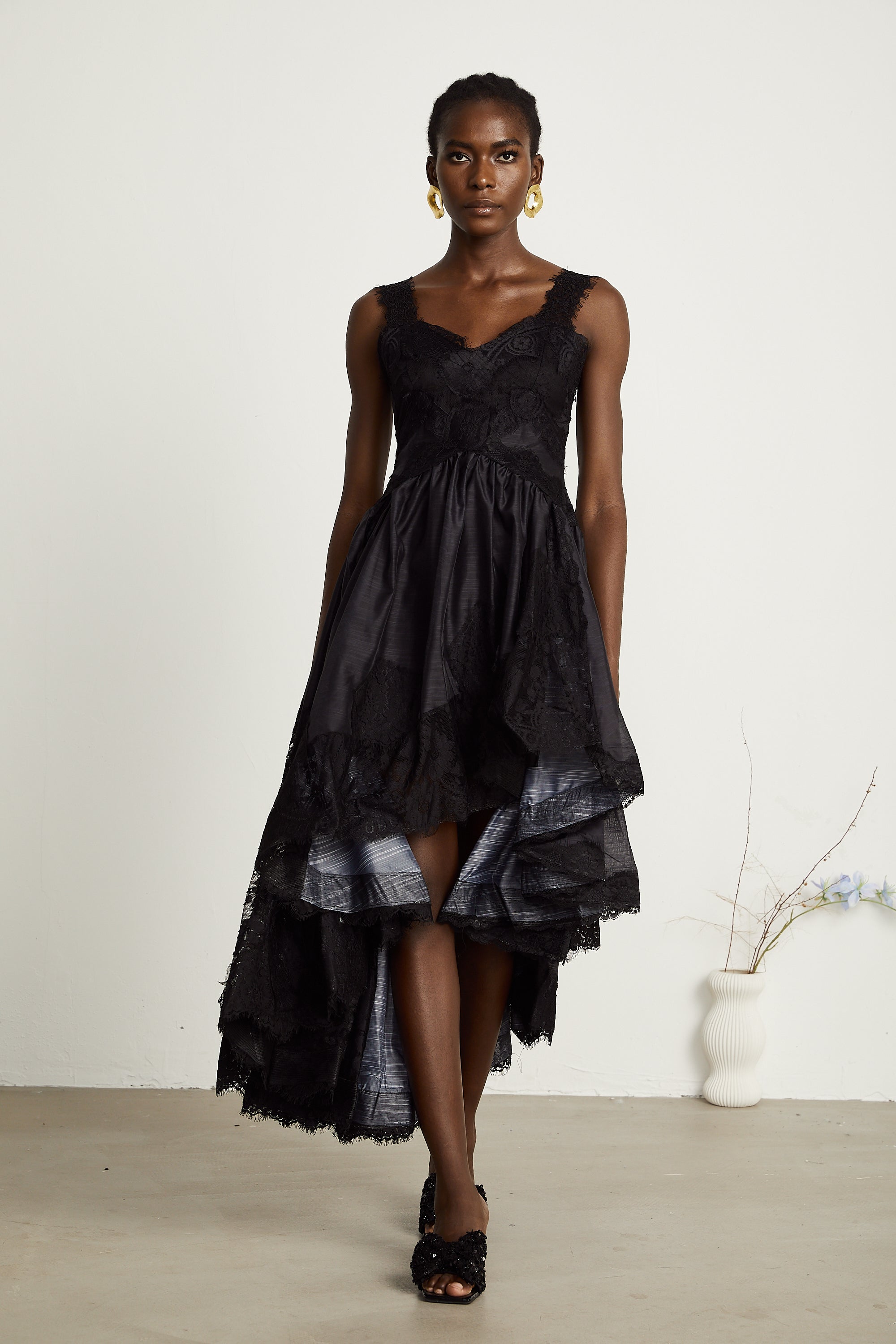 Renata black pleated asymmetrical midi dress (US Only)