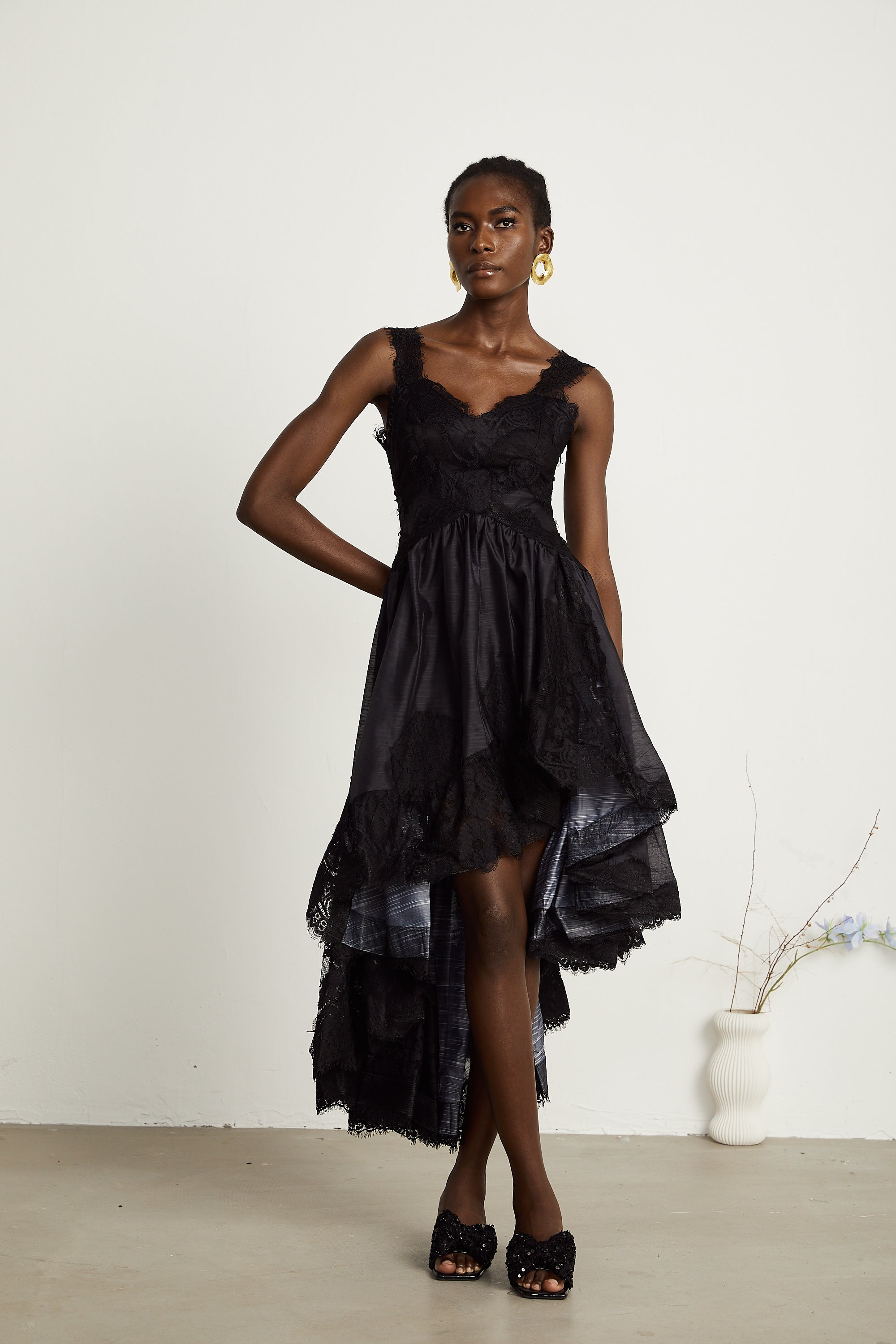 Renata black pleated asymmetrical midi dress (US Only)