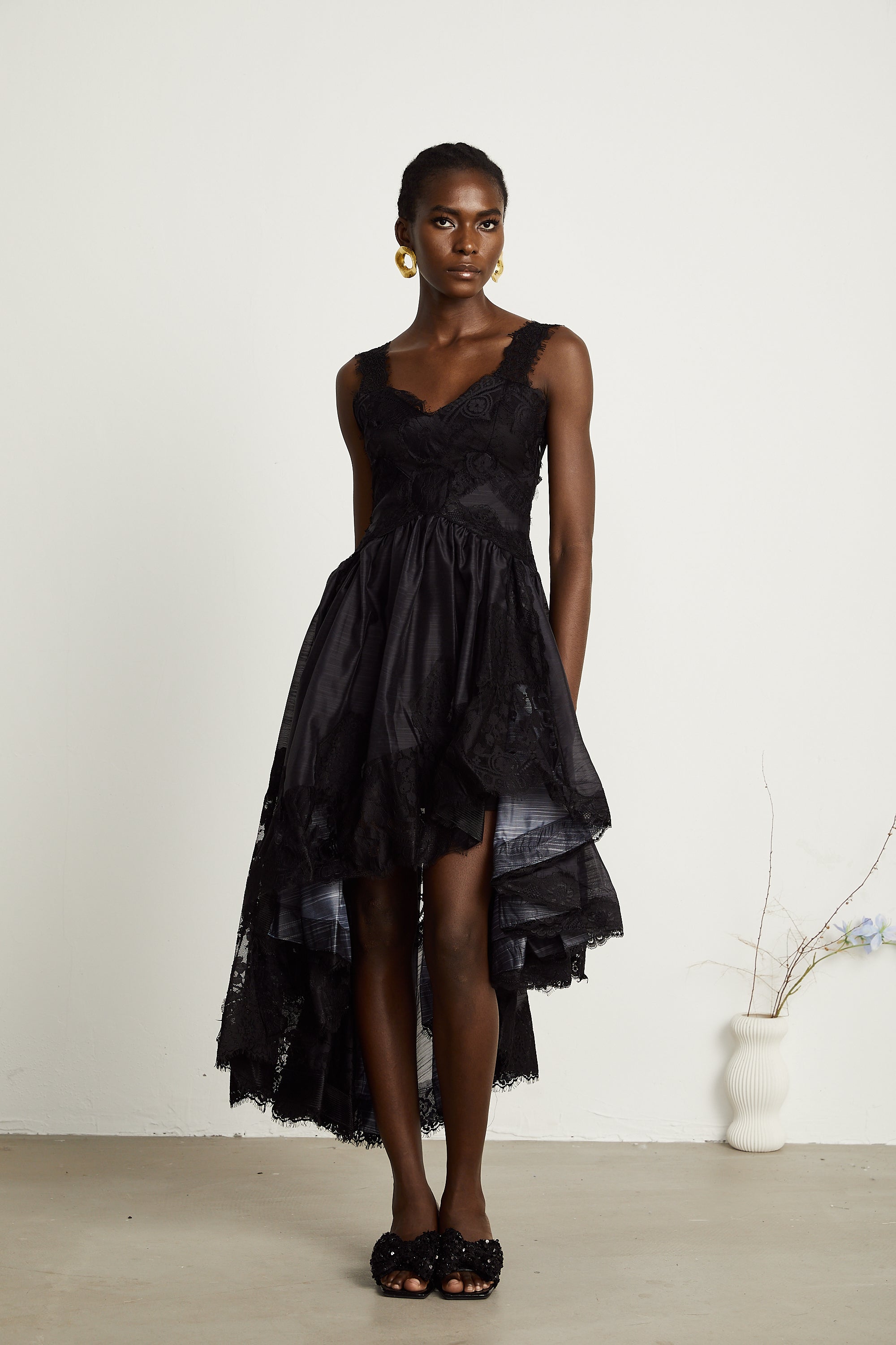 Renata black pleated asymmetrical midi dress (US Only)