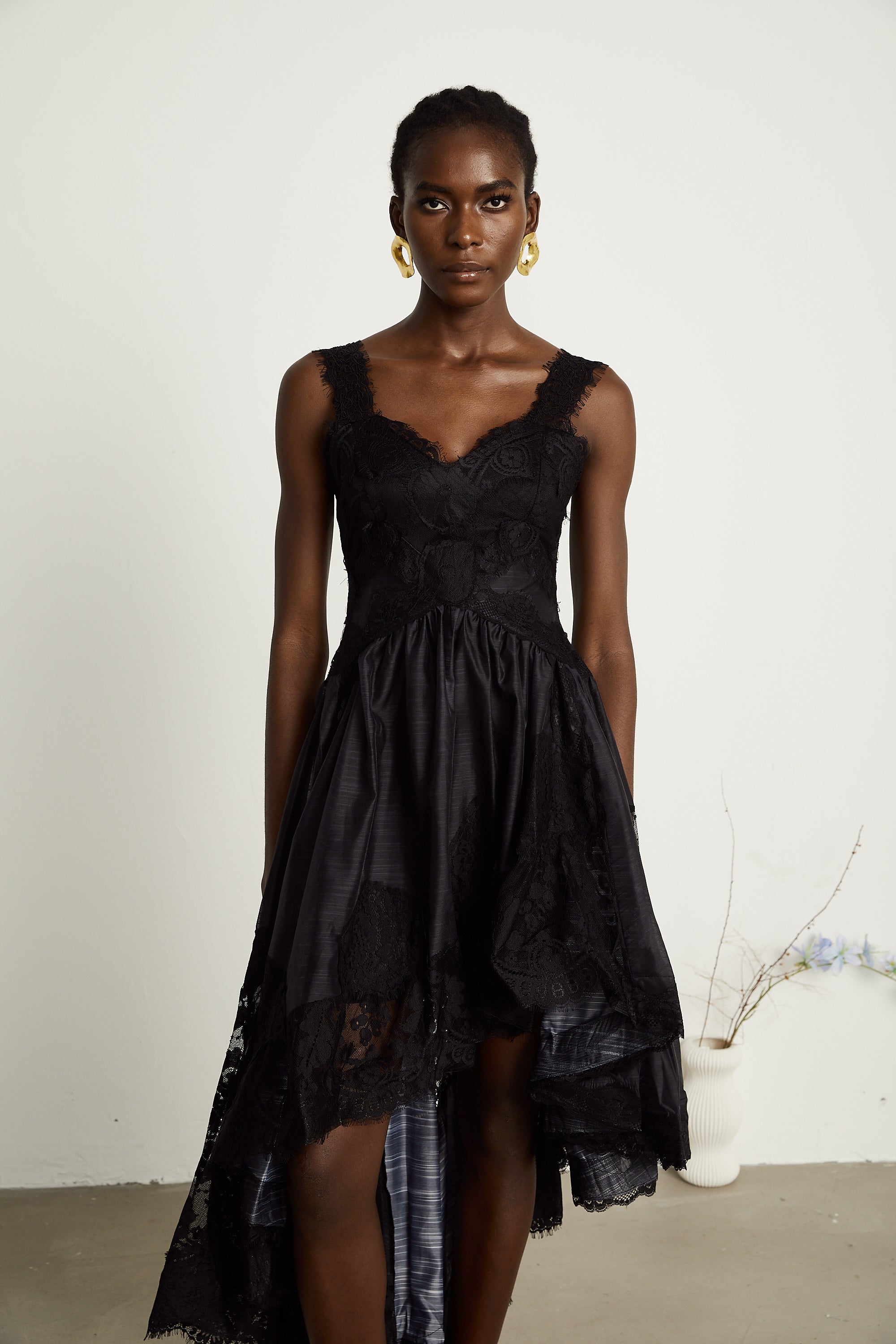 Renata black pleated asymmetrical midi dress (US Only)