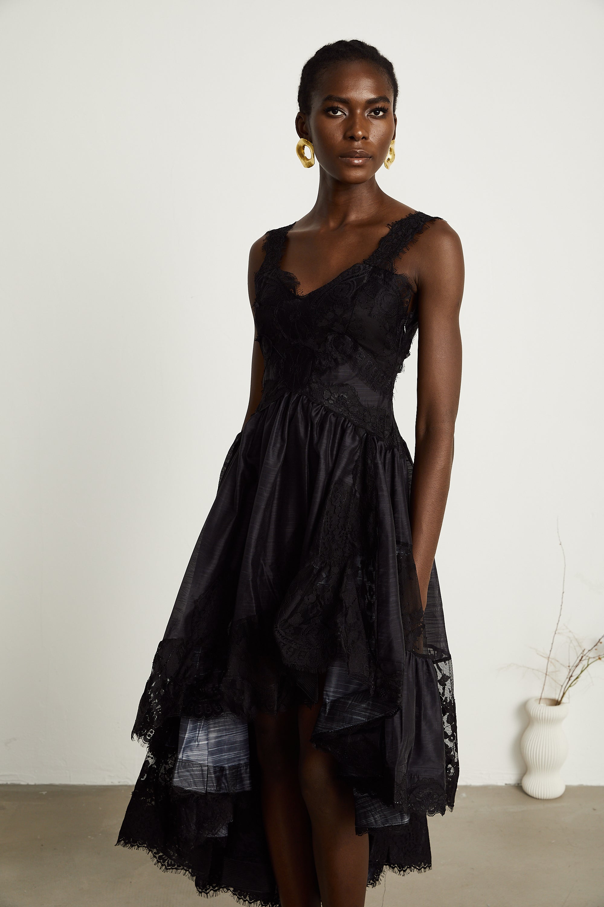Renata black pleated asymmetrical midi dress (US Only)