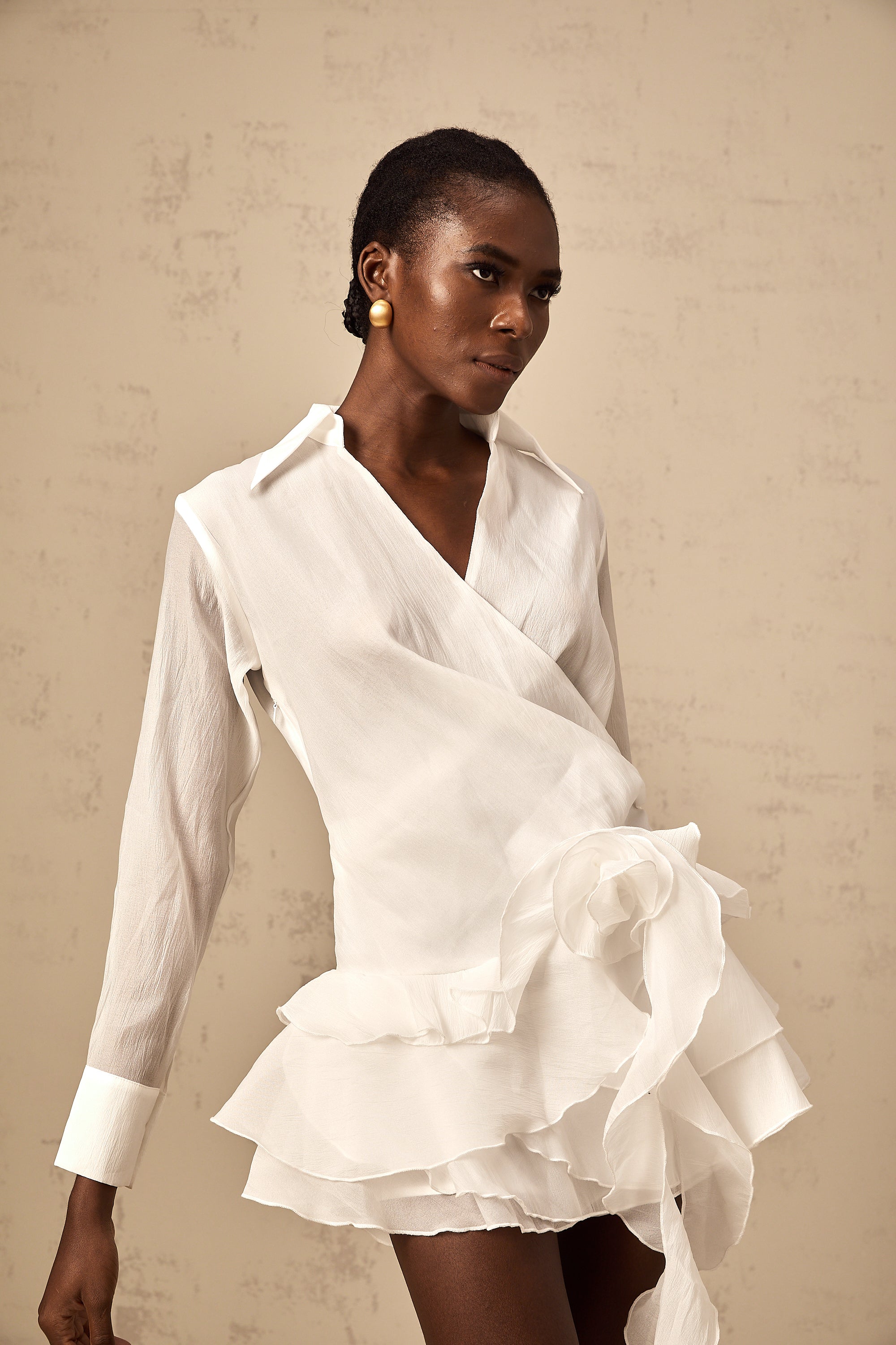 Solène white semi-sheer floral ruffled mini dress (Final Sale-US Only)