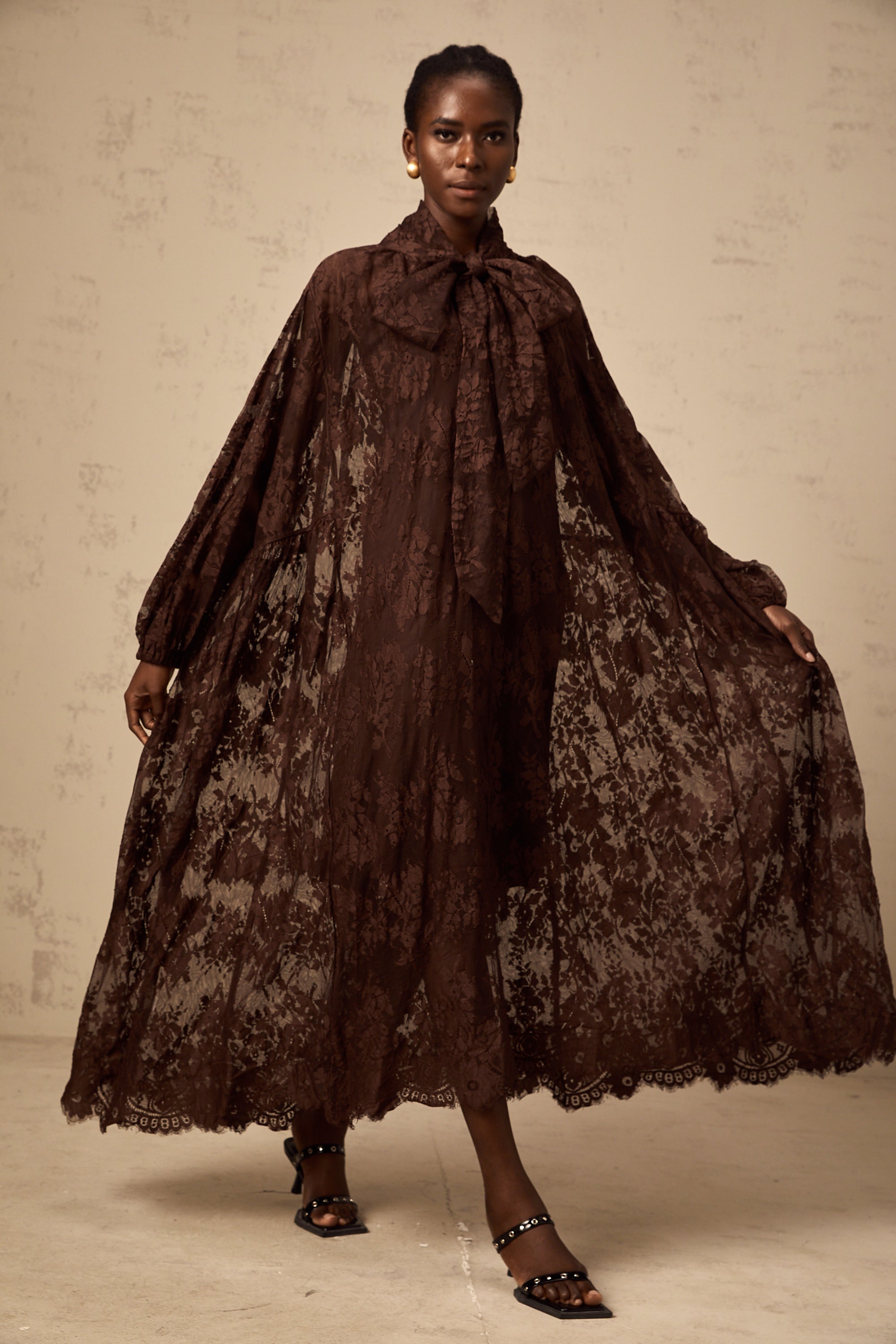 Sylvie brown chantilly-lace flared midi dress (Final Sale-US Only)