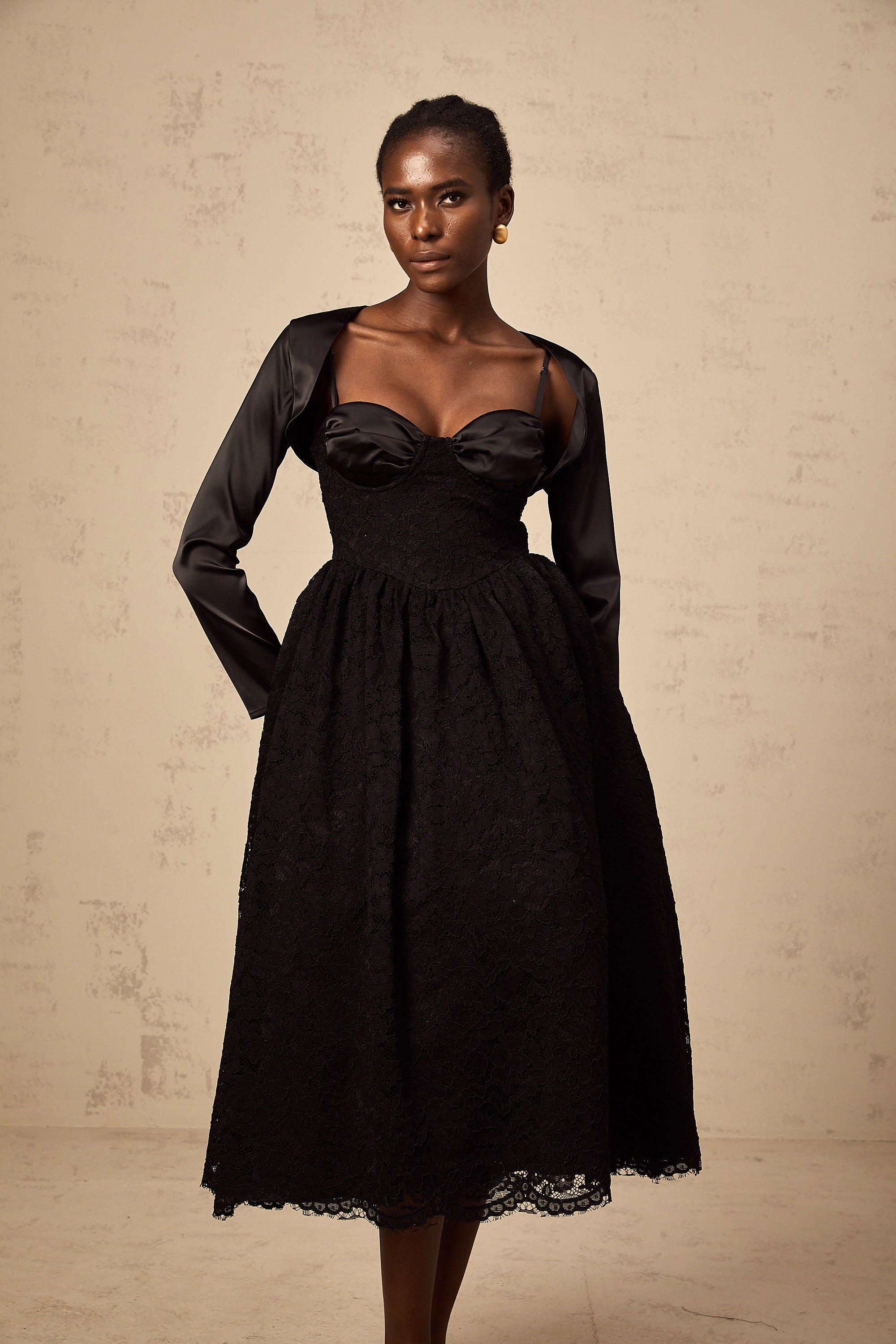 Sidonie black floral-lace top & dress matching set