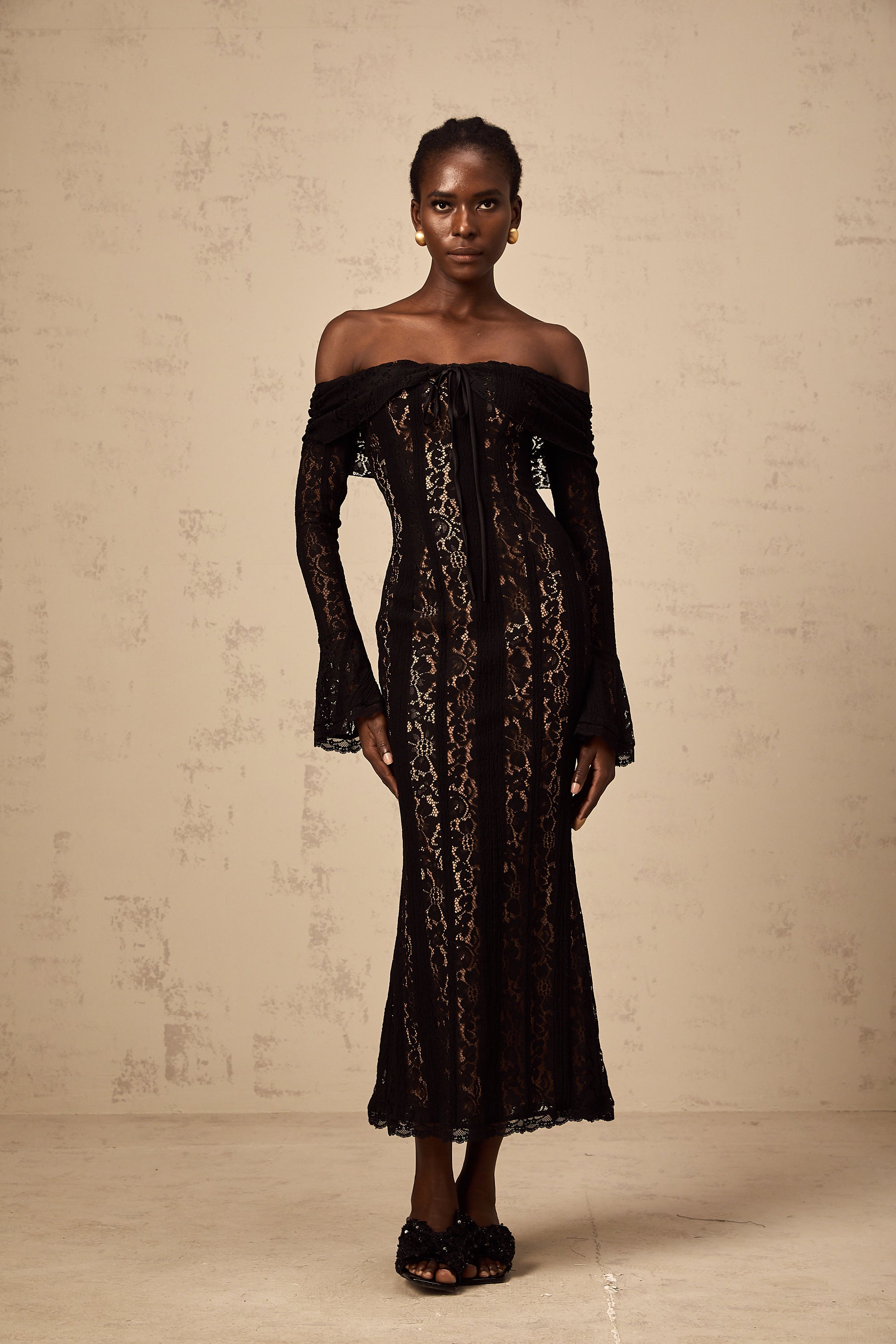 Émeline floral lace flared-cuff midi dress in Black (Final Sale-US Only)
