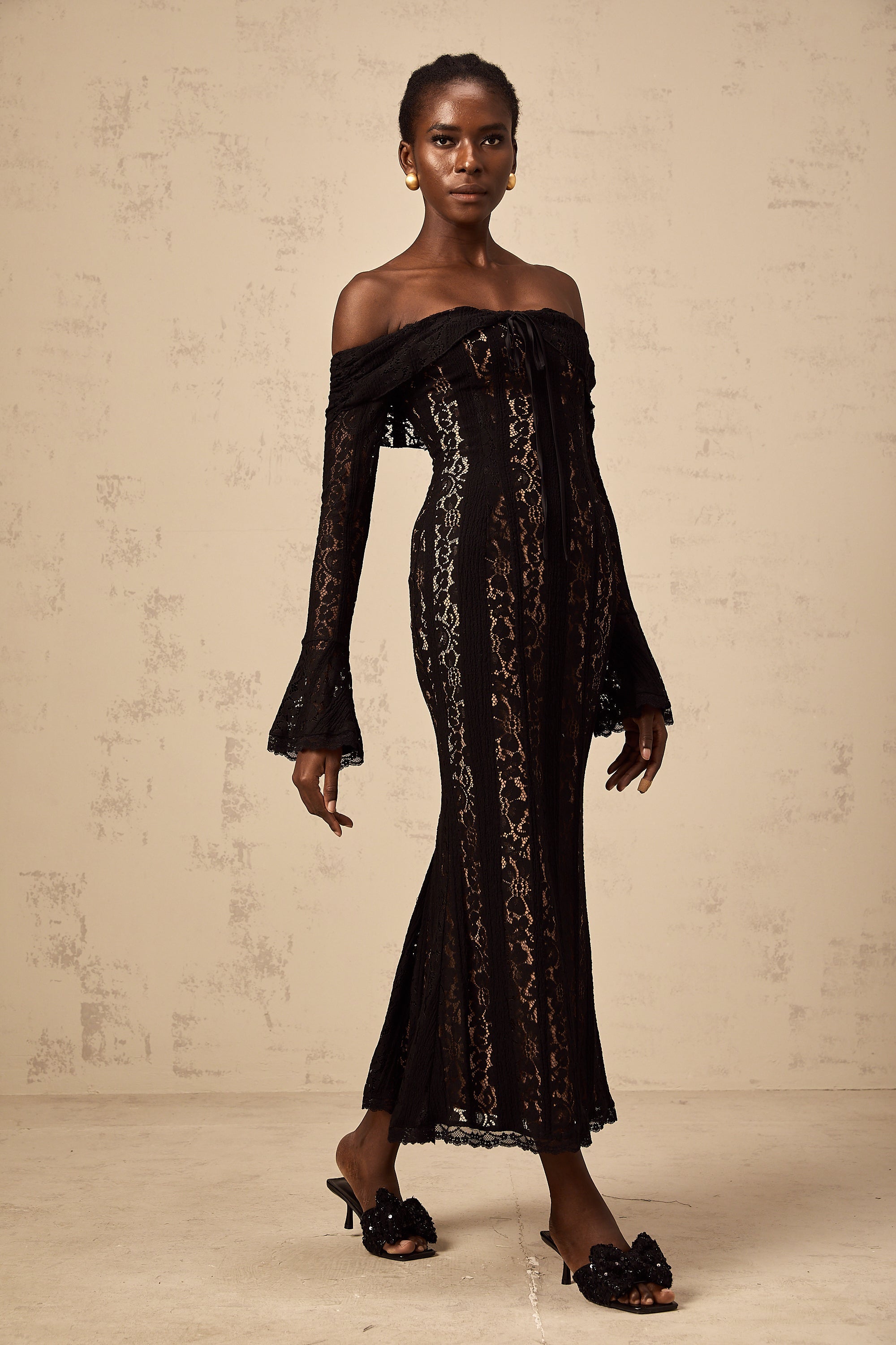 Émeline floral lace flared-cuff midi dress in Black (Final Sale-US Only)