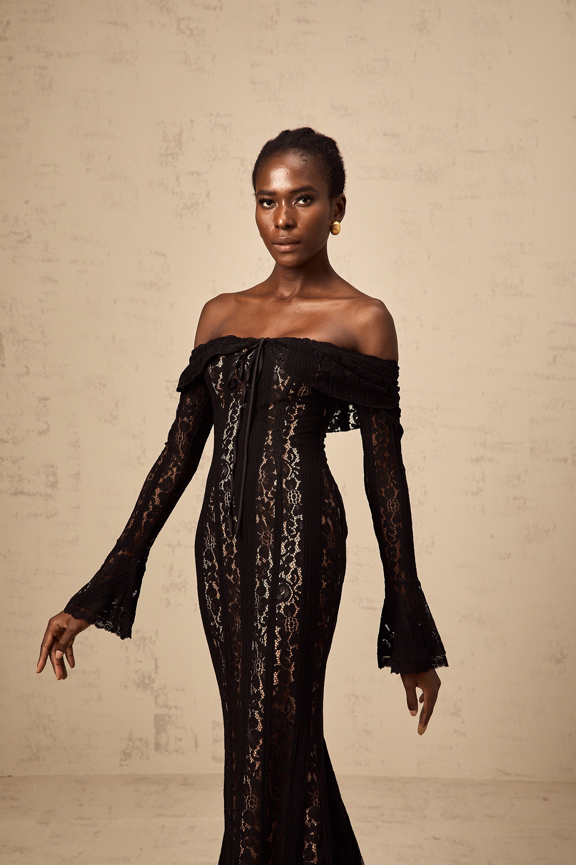 Émeline floral lace flared-cuff midi dress in Black (Final Sale-US Only)