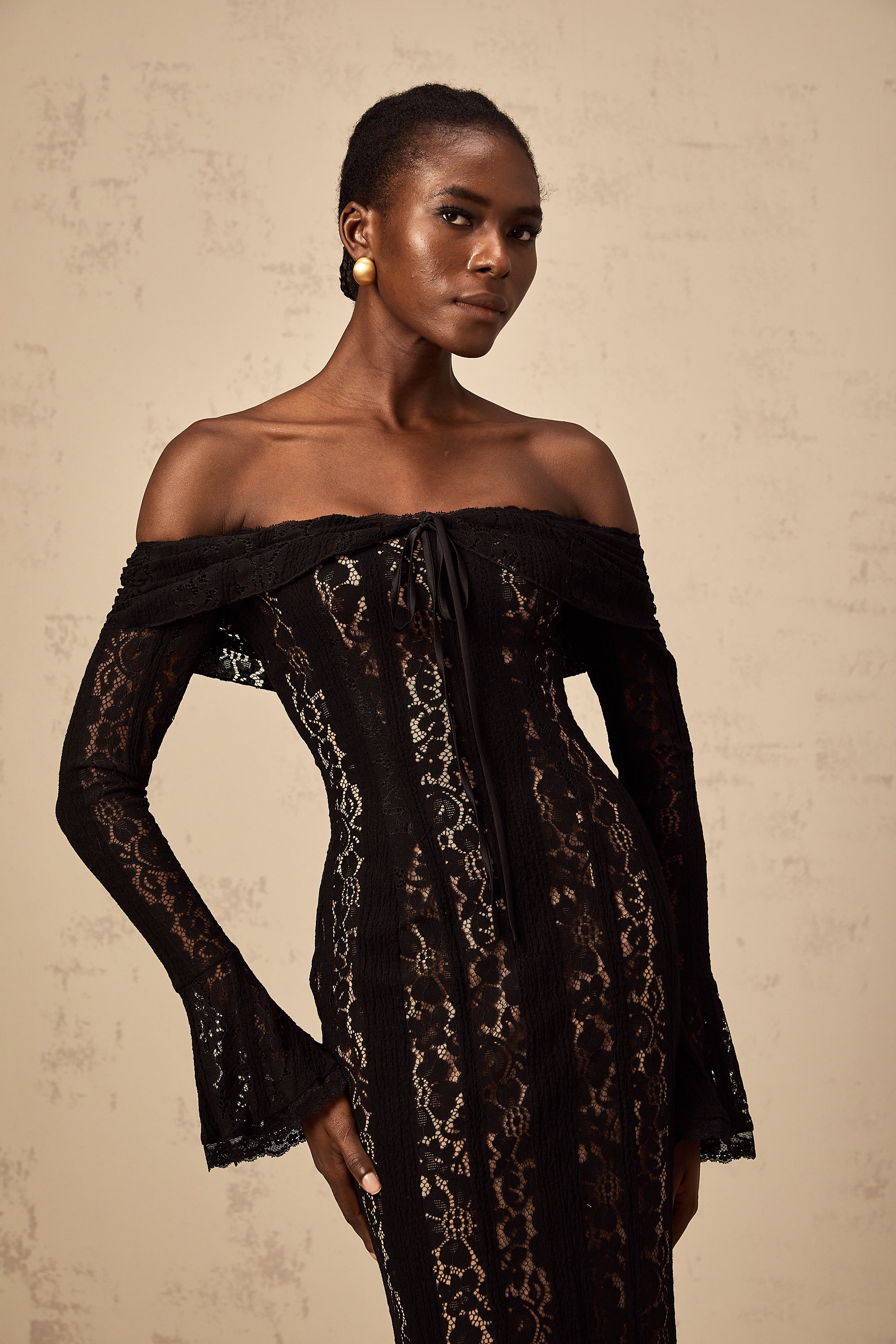 Émeline floral lace flared-cuff midi dress in Black (Final Sale-US Only)
