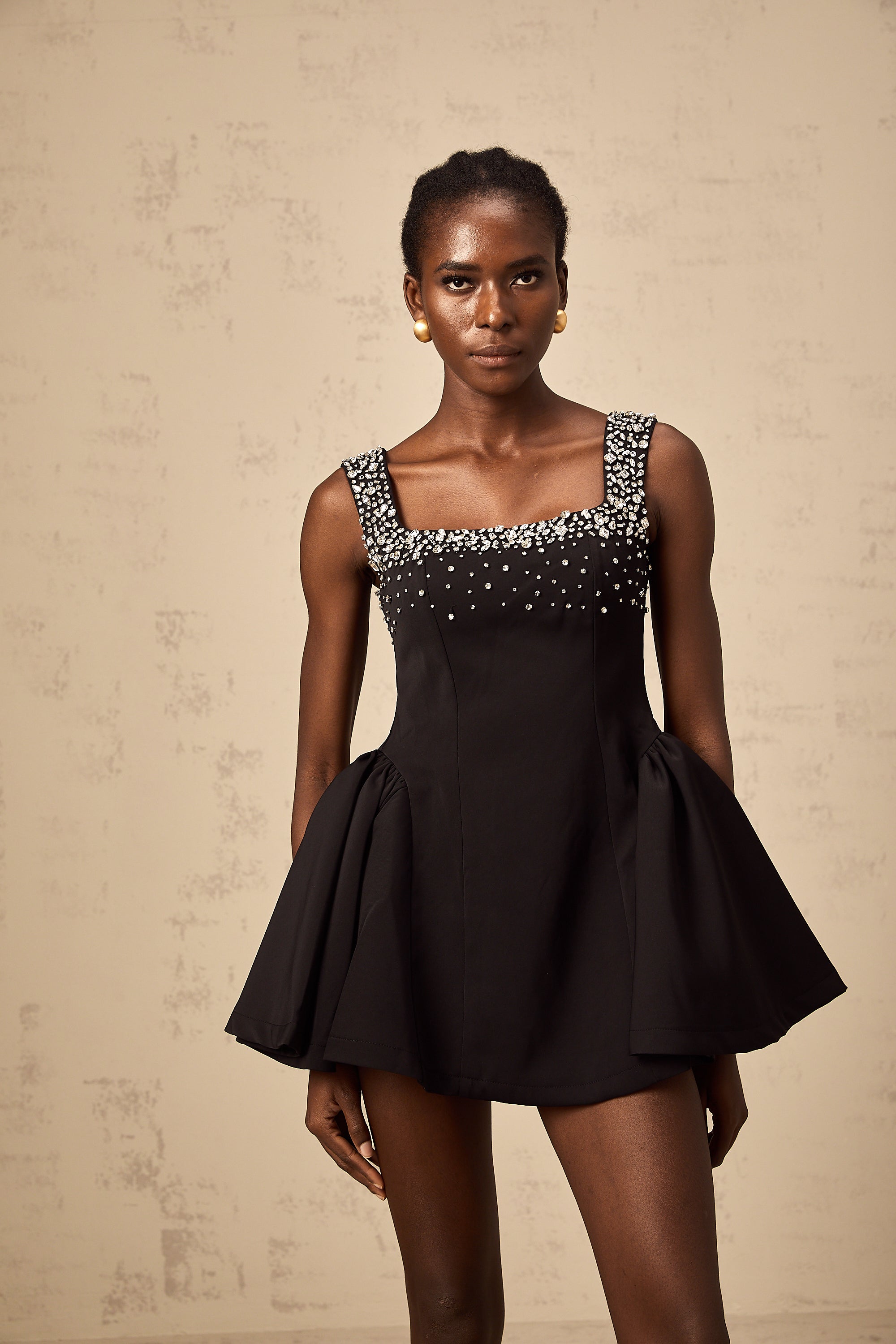 Mélanie black crystal-embellished flared mini dress