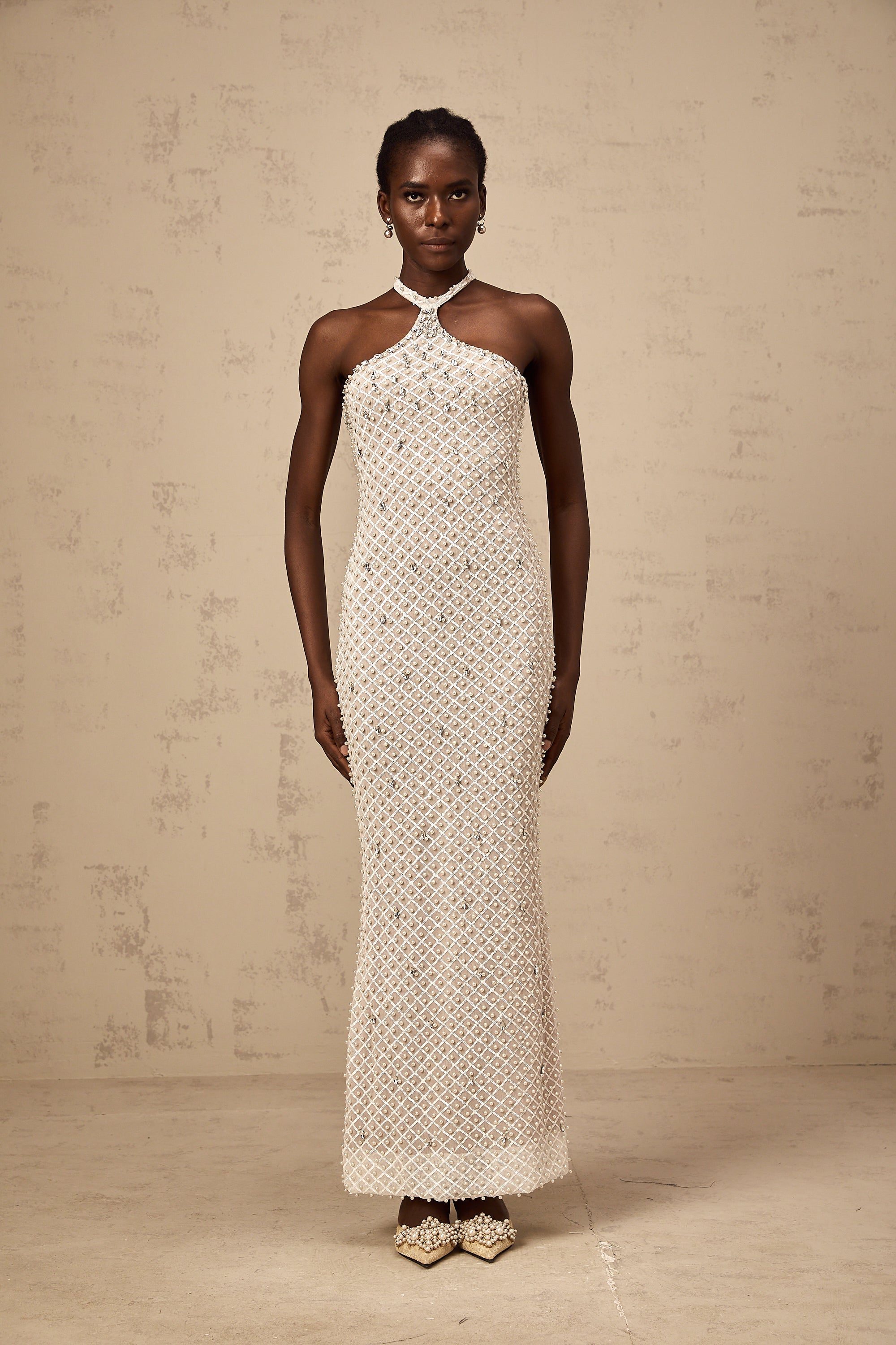 Claudine white embellished halterneck maxi dress (Final Sale-US Only)