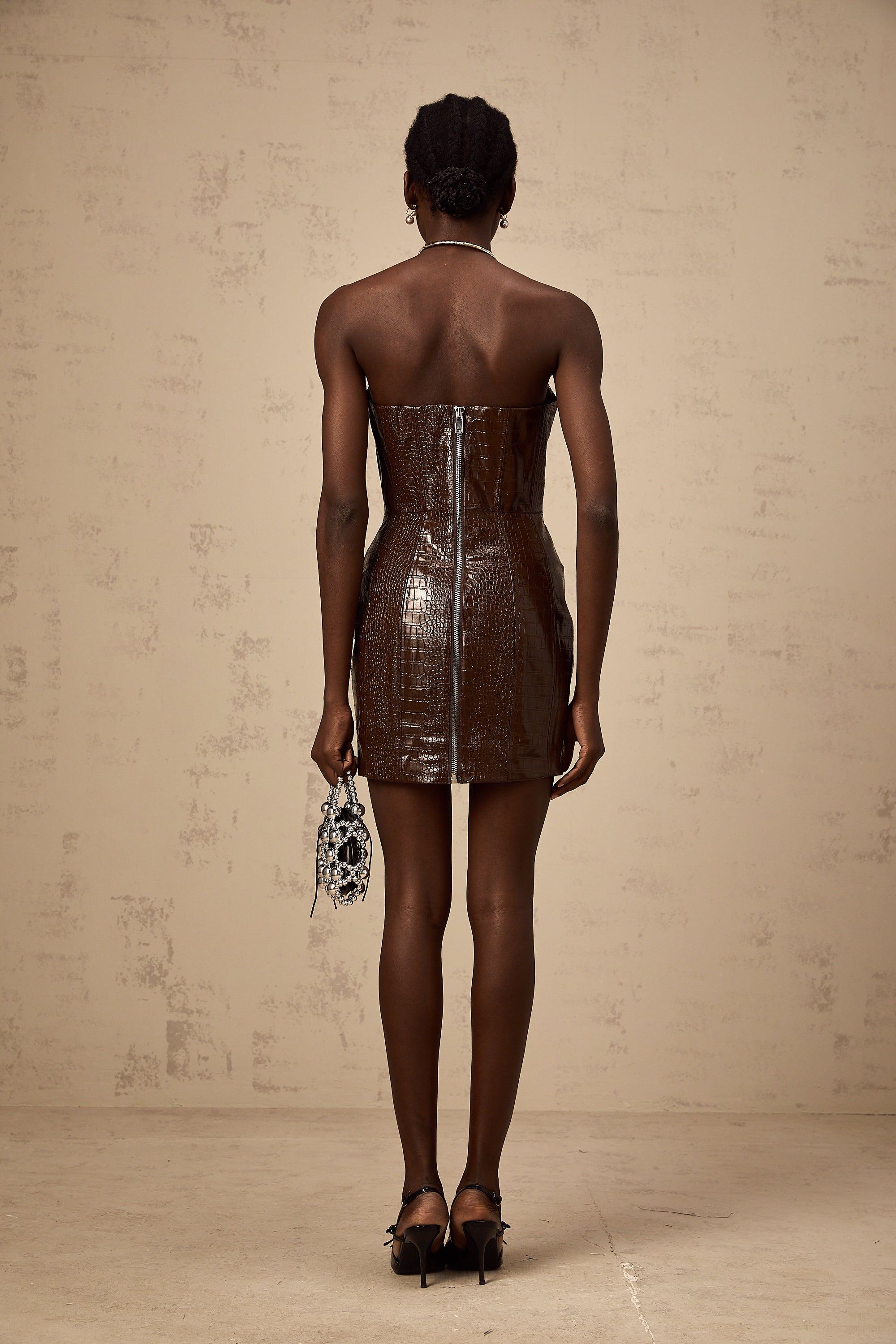 Félicie brown textured leather mini dress