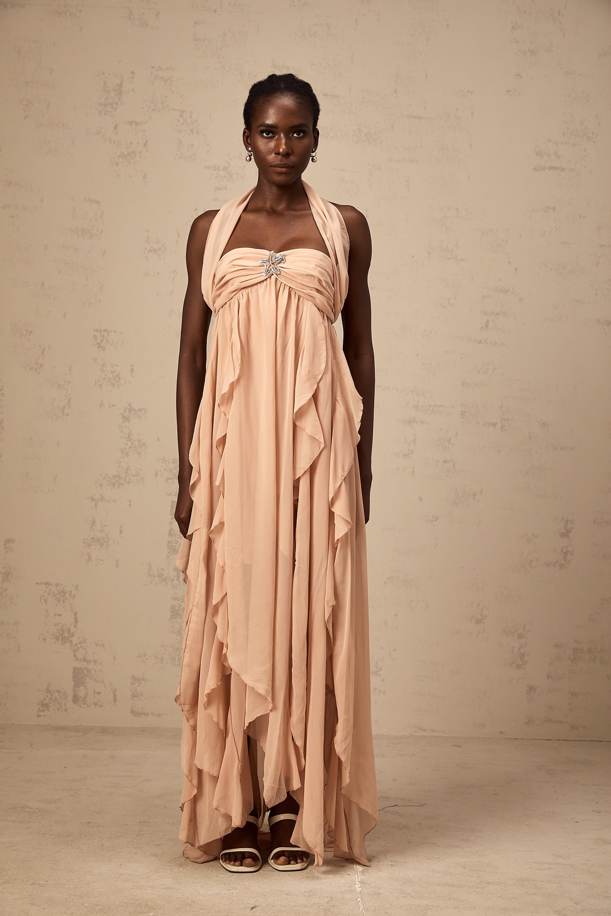 Mariah Pink Chiffon Ruffle Halterneck Maxi Dress (Final Sale-US Only)