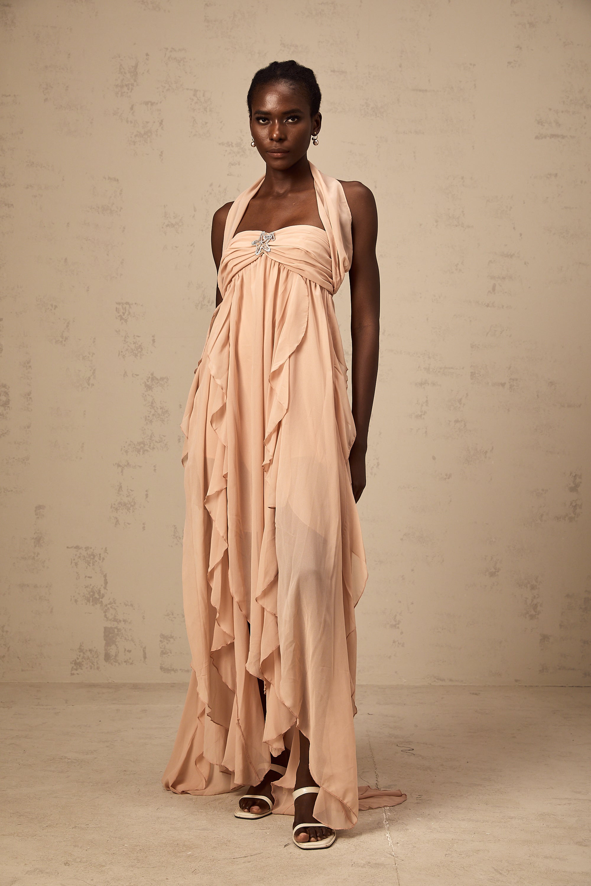 Mariah Pink Chiffon Ruffle Halterneck Maxi Dress (Final Sale-US Only)