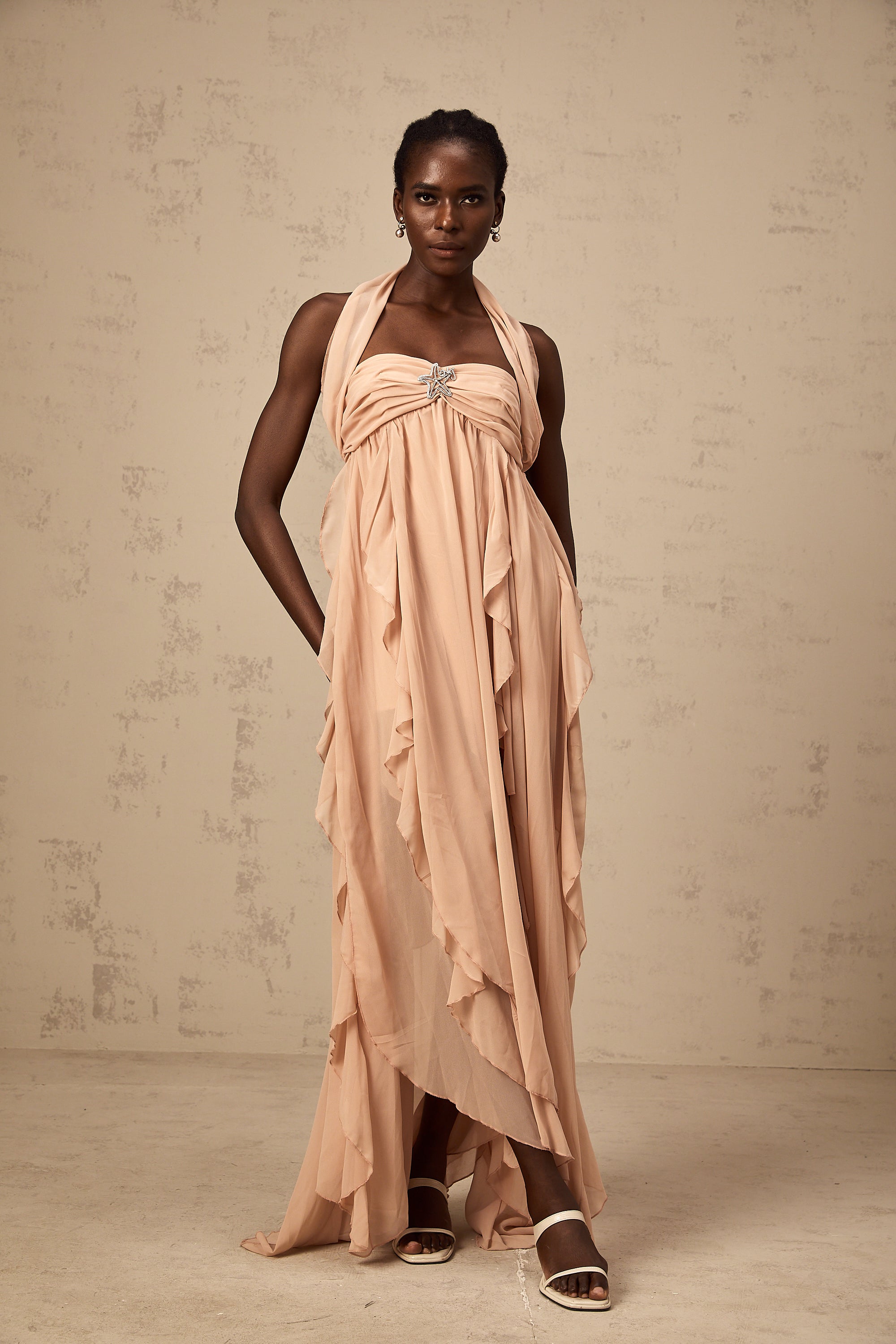 Mariah Pink Chiffon Ruffle Halterneck Maxi Dress (Final Sale-US Only)