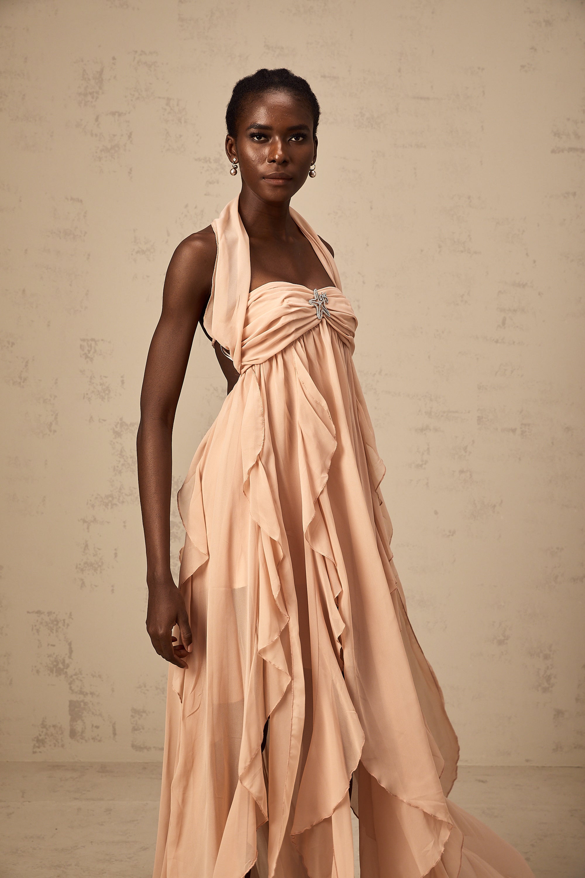Mariah Pink Chiffon Ruffle Halterneck Maxi Dress (Final Sale-US Only)
