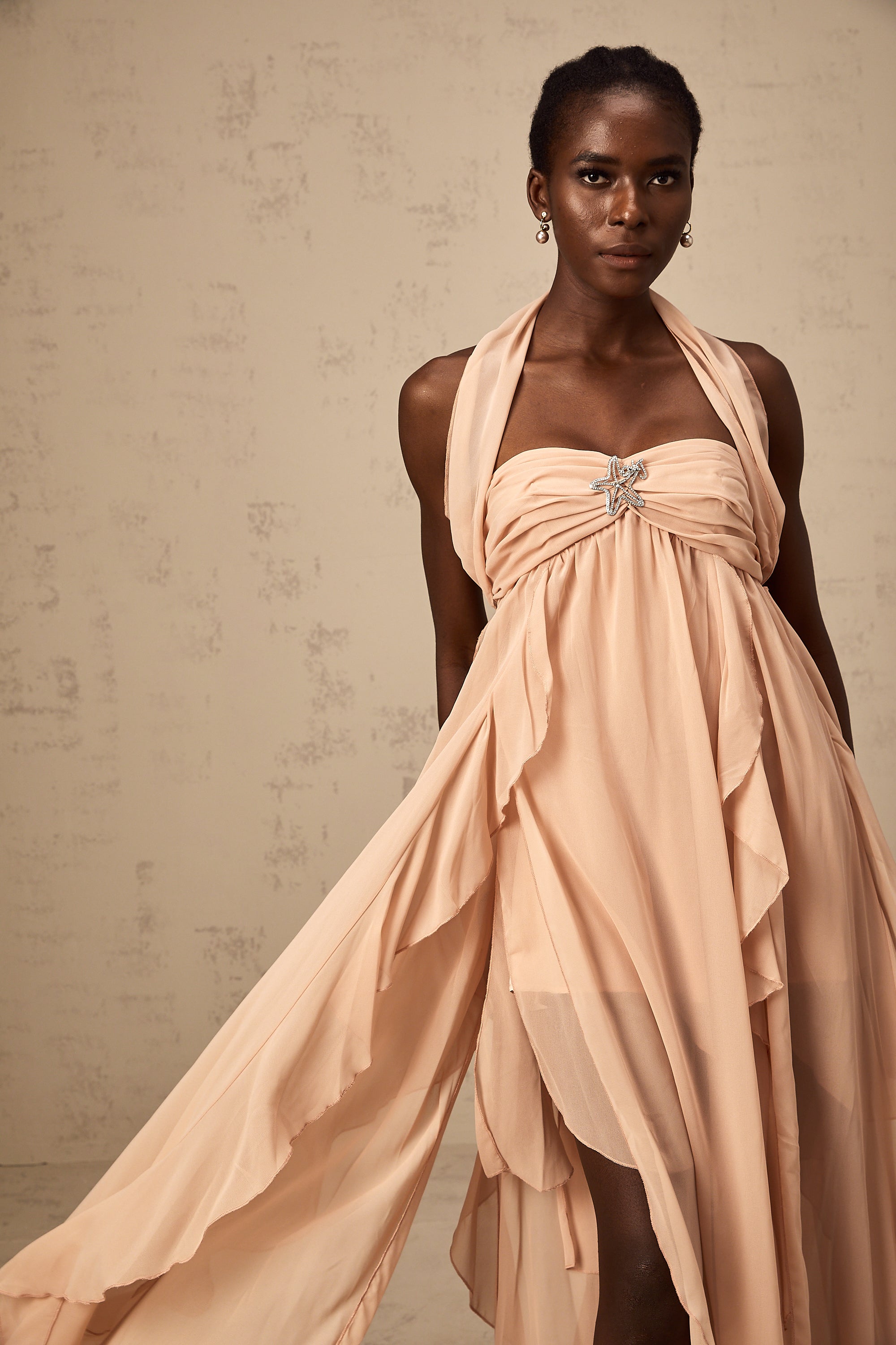 Mariah Pink Chiffon Ruffle Halterneck Maxi Dress (Final Sale-US Only)