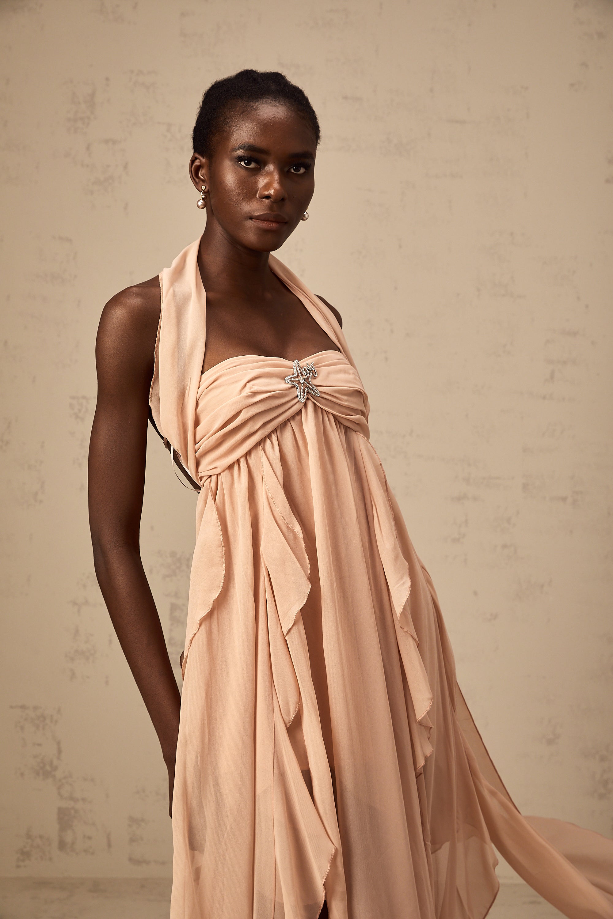 Mariah Pink Chiffon Ruffle Halterneck Maxi Dress (Final Sale-US Only)