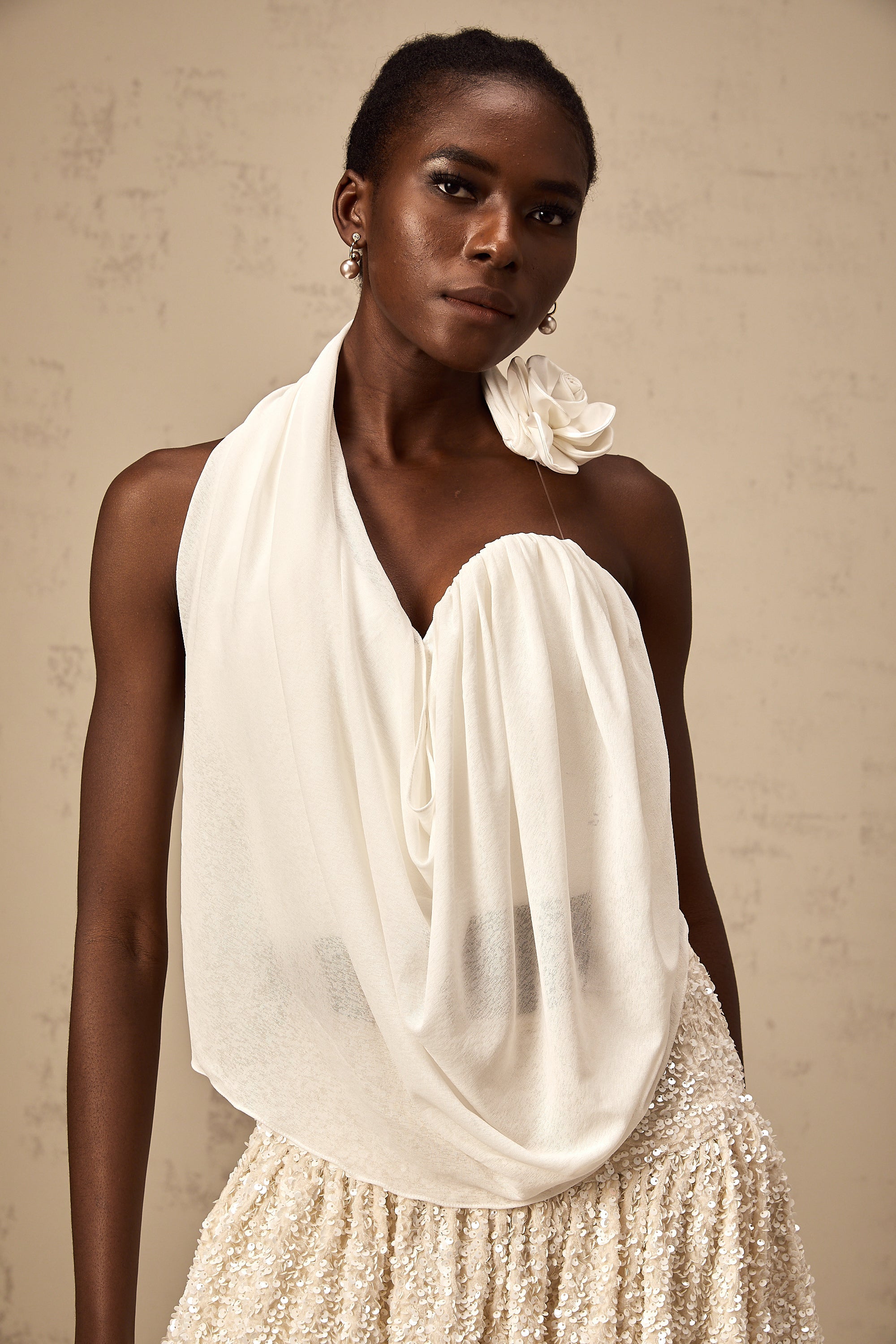 Maeva white halterneck floral-appliqué top (US Only)