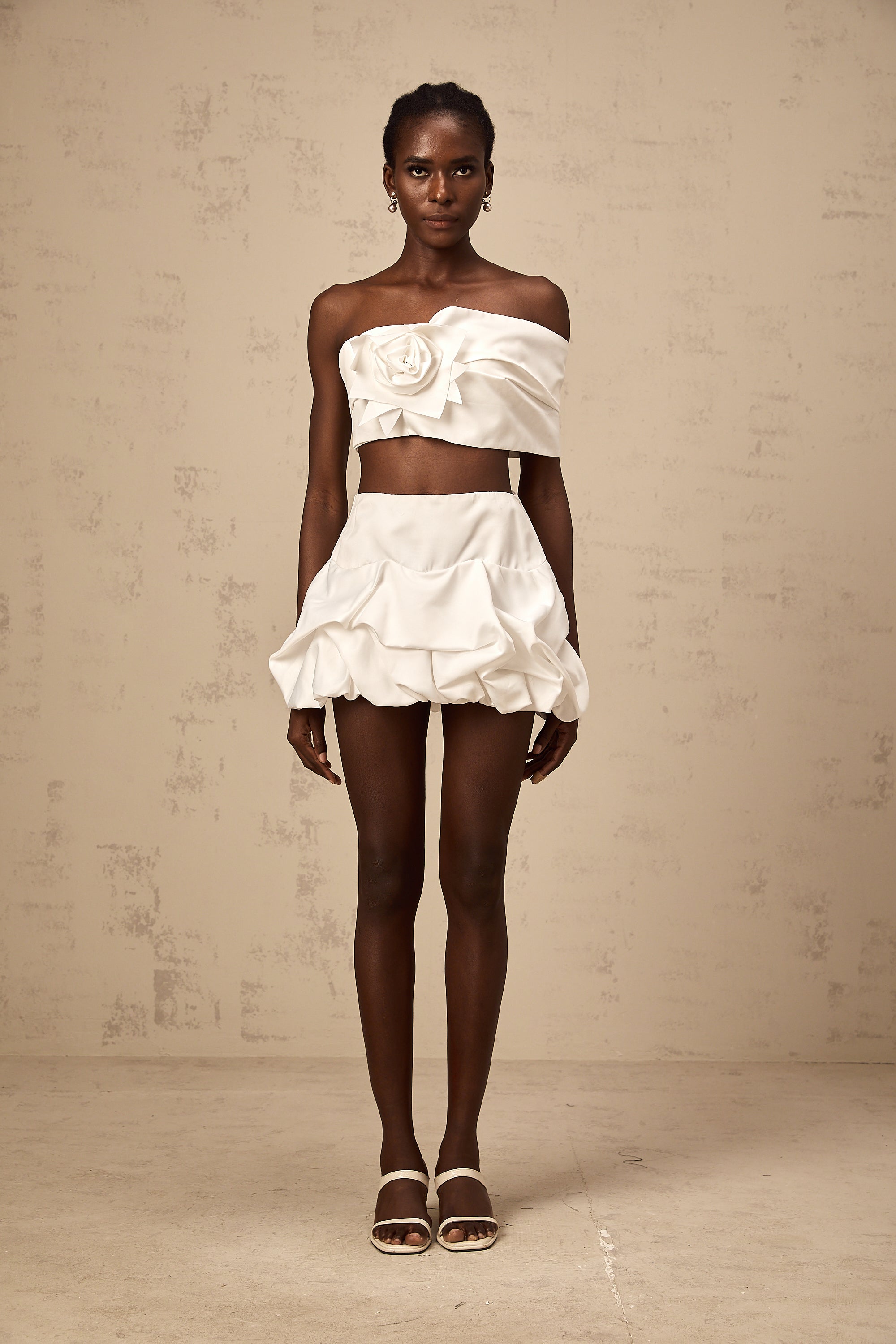 Honorine white floral pleated top & skirt matching set