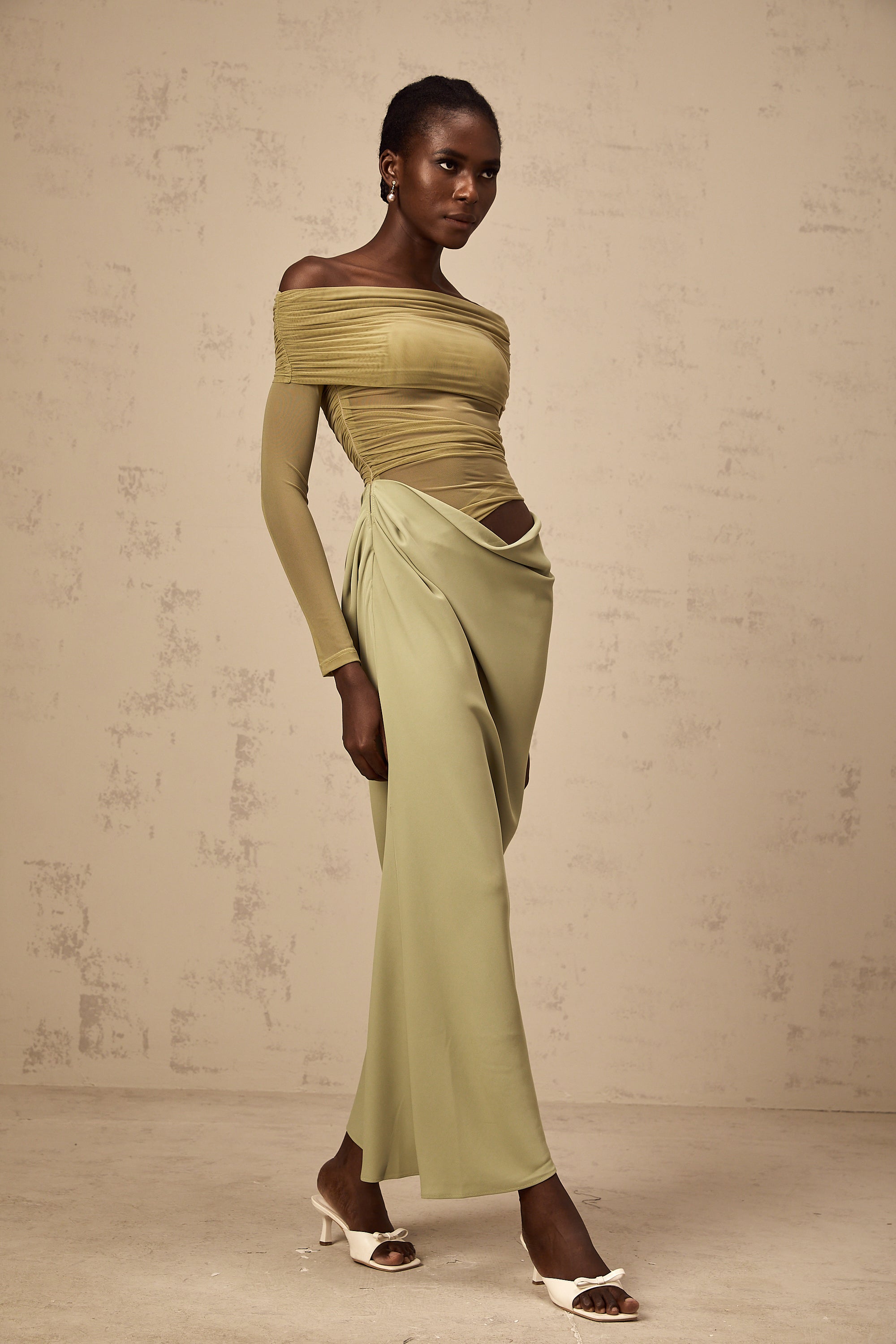 Estelle off-shoulder semi-sheer midi dress in Green