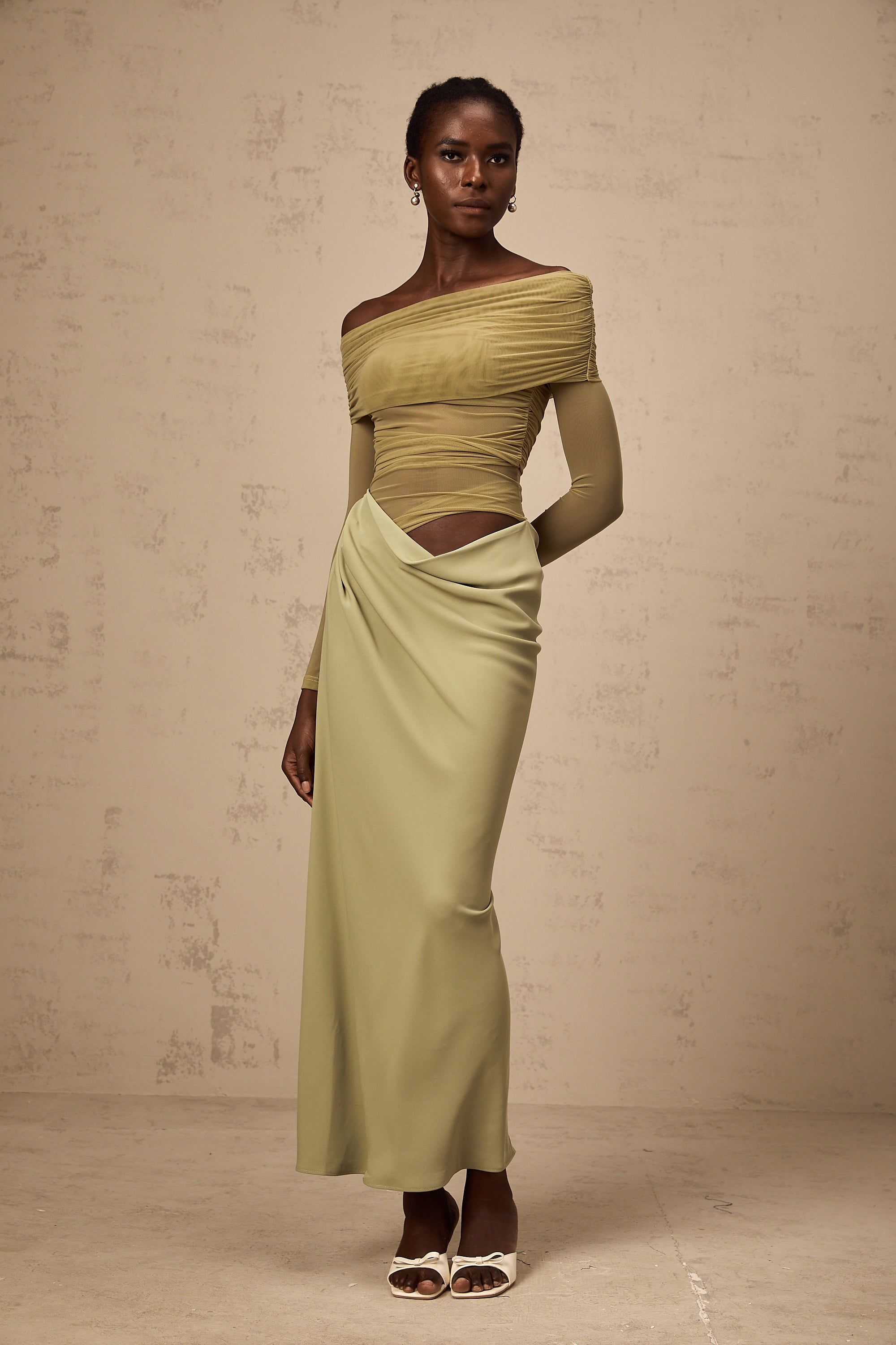 Estelle off-shoulder semi-sheer midi dress in Green