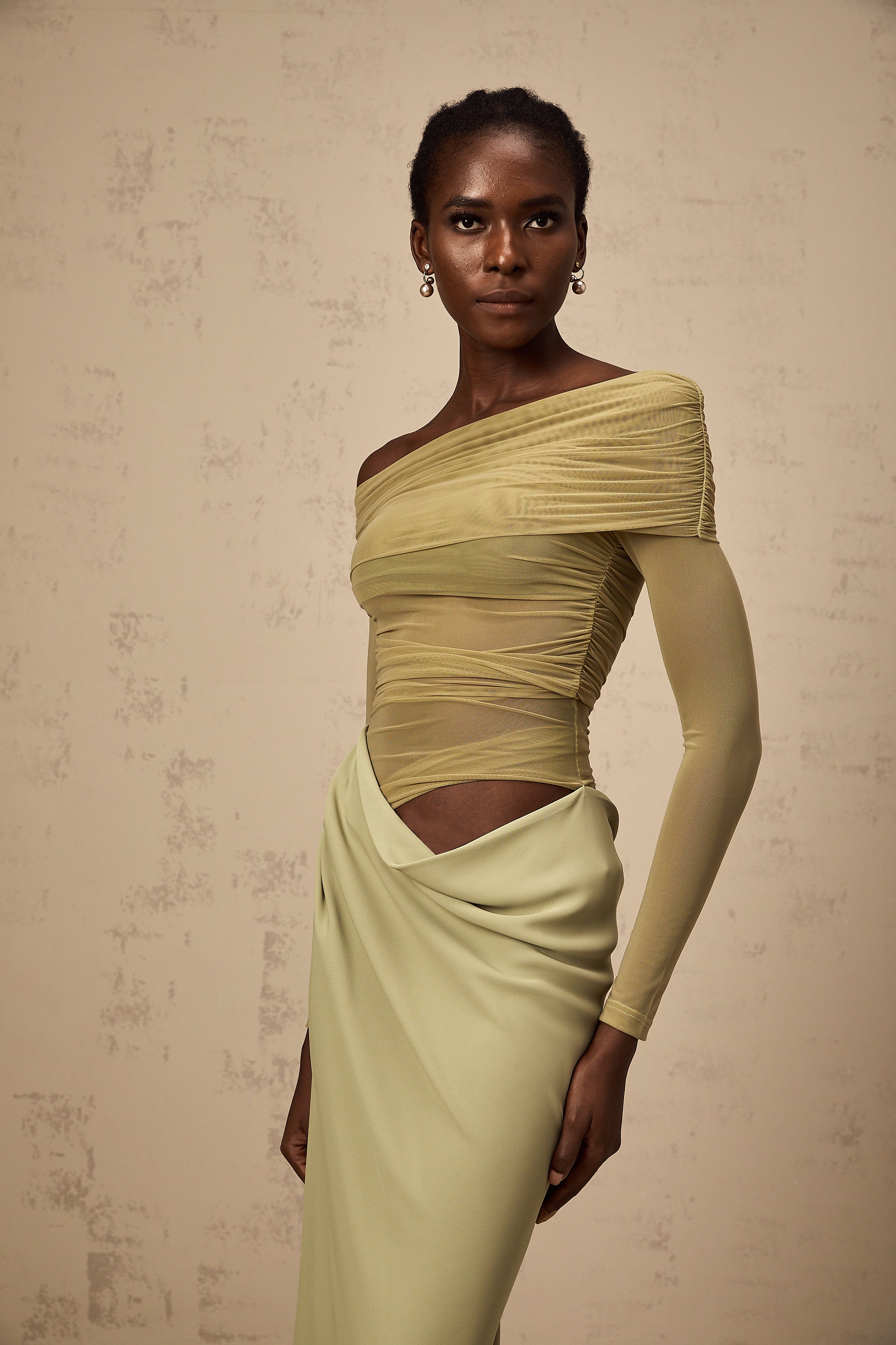 Estelle off-shoulder semi-sheer midi dress in Green (Final Sale-US Only)