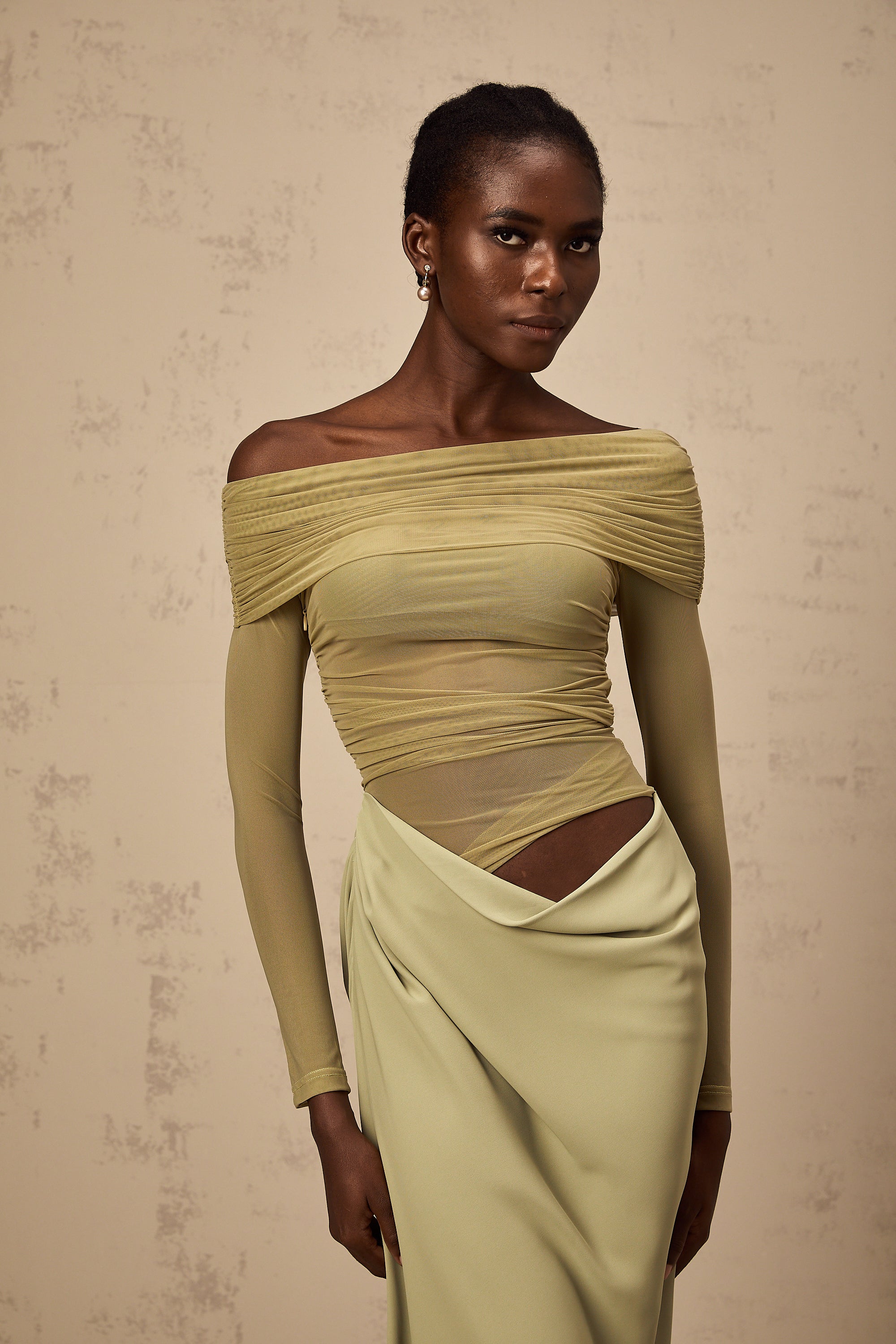 Estelle off-shoulder semi-sheer midi dress in Green (Final Sale-US Only)